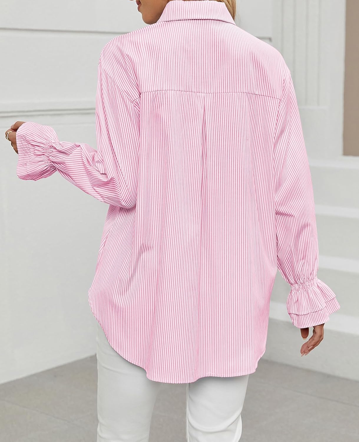 whoinshop Women's Striped Button Down Shirts Oversized Smocked Cuffed Boyfriend Shirt Puff Sleeve Blouse Top with 3 Pockets - Image 2