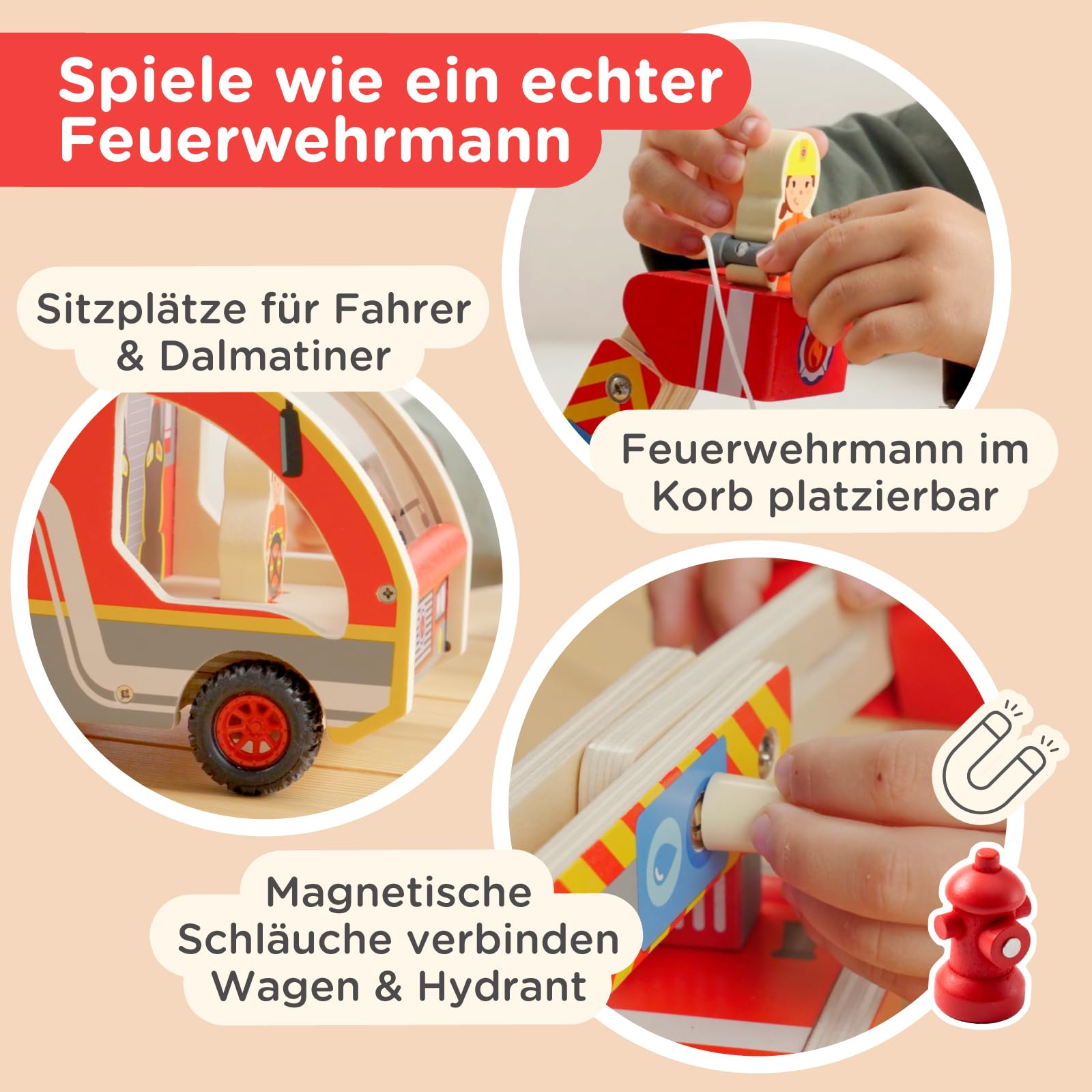 Nene Toys Holz-Feuerwehrauto für Kinder ab 2 Jahren – Feuerwehr Spielset mit 360° drehbarer Leiter & Korb, magnetischen Schläuchen, 3 Feuerwehrmännern & Dalmatiner – FSC-zertifiziertes Holzspielzeug