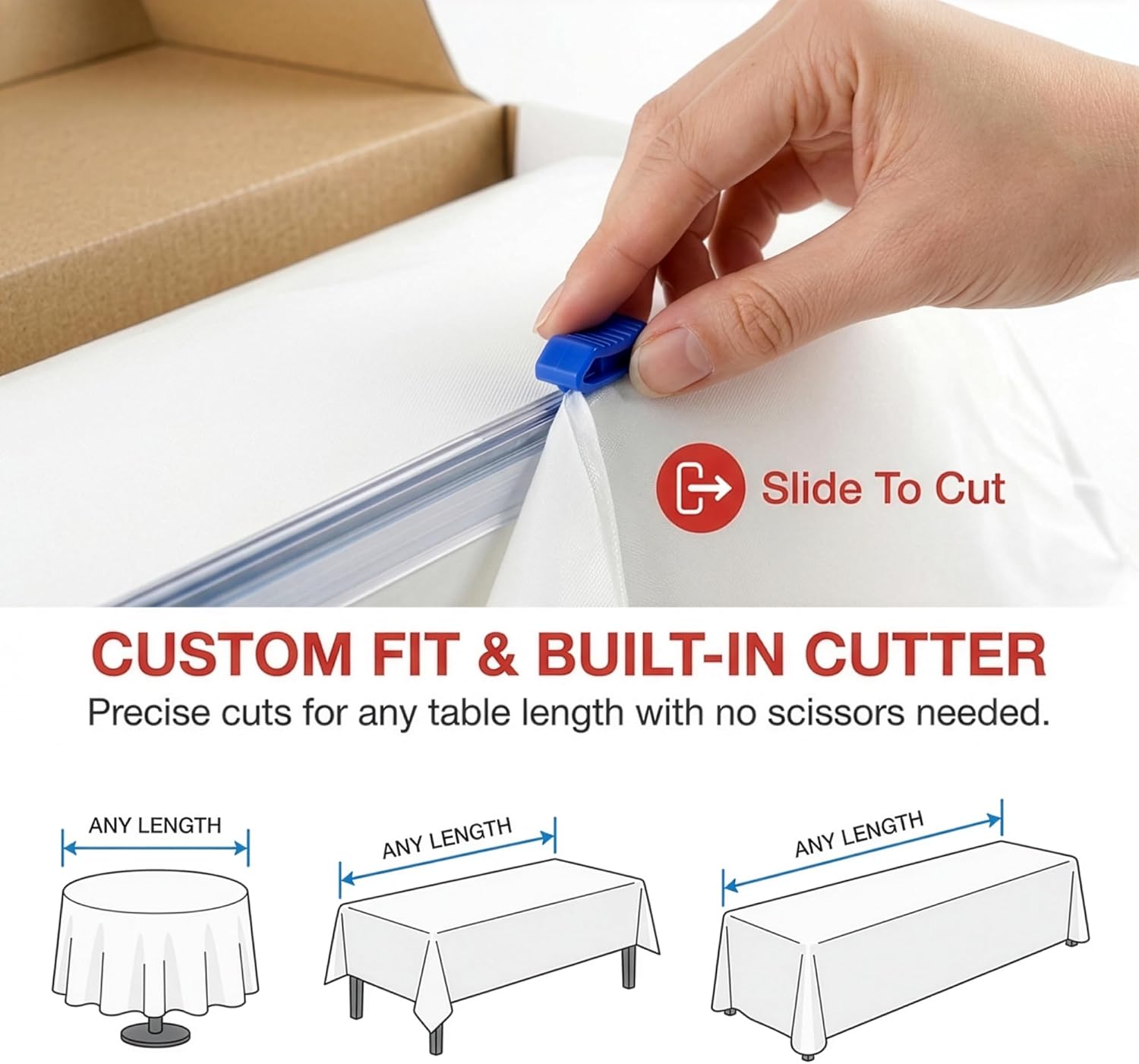 Plastic Table Cover Roll, White Disposable Tablecloth 54IN X 300FT with Slide-Cutter Box for Rectangle and Round Tables, Waterproof PEVA Table Cloth Roll for Picnic, Party, Birthday, Wedding