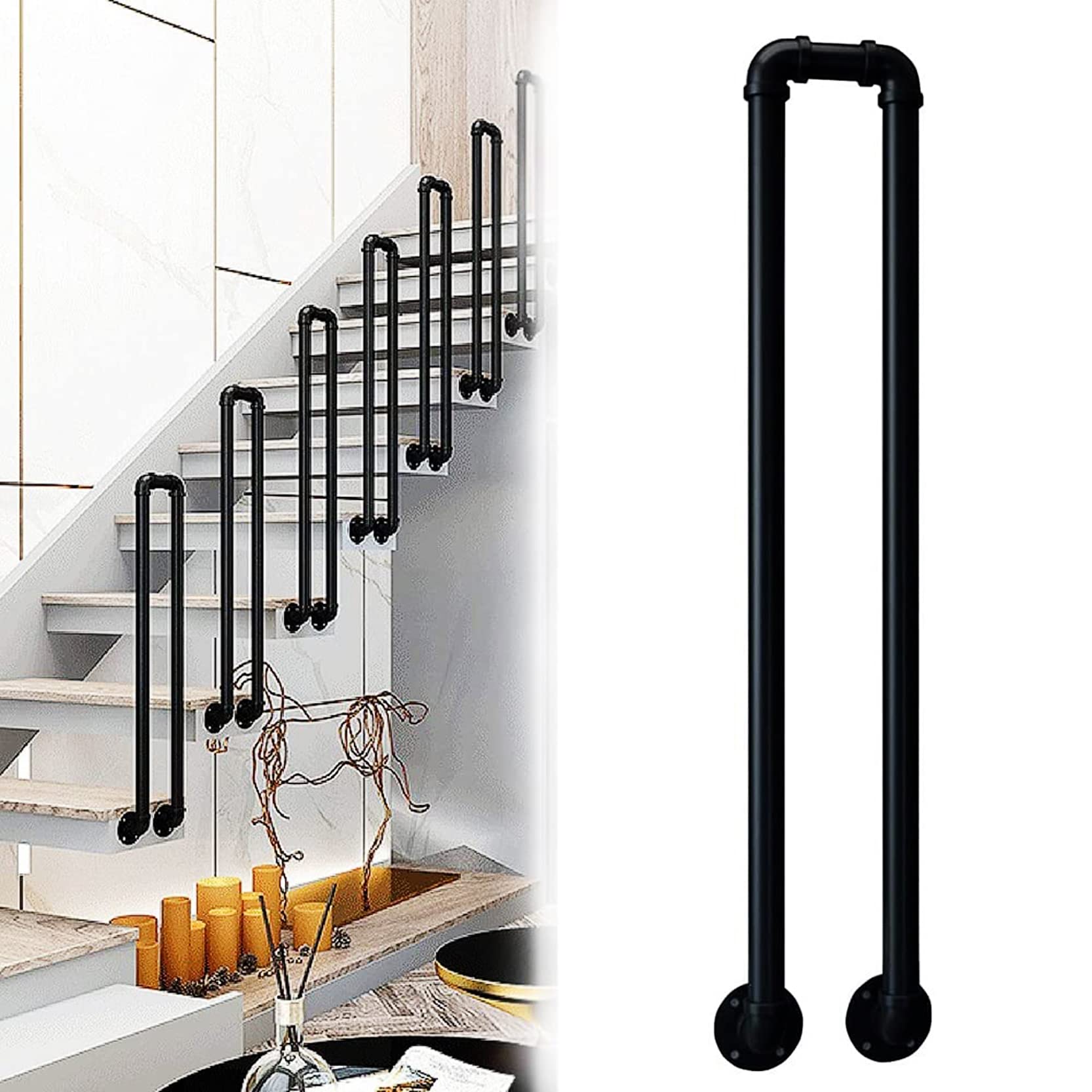 GLDYTVF Side Mount U-Shaped Stair Railing for Indoor & Outdoor, Wrought Iron Safety Fence Support Rods, 50-100cm Non-Slip Handrail for Gardens, Attics, Spiral Staircases(Size:85cm/33.5in)