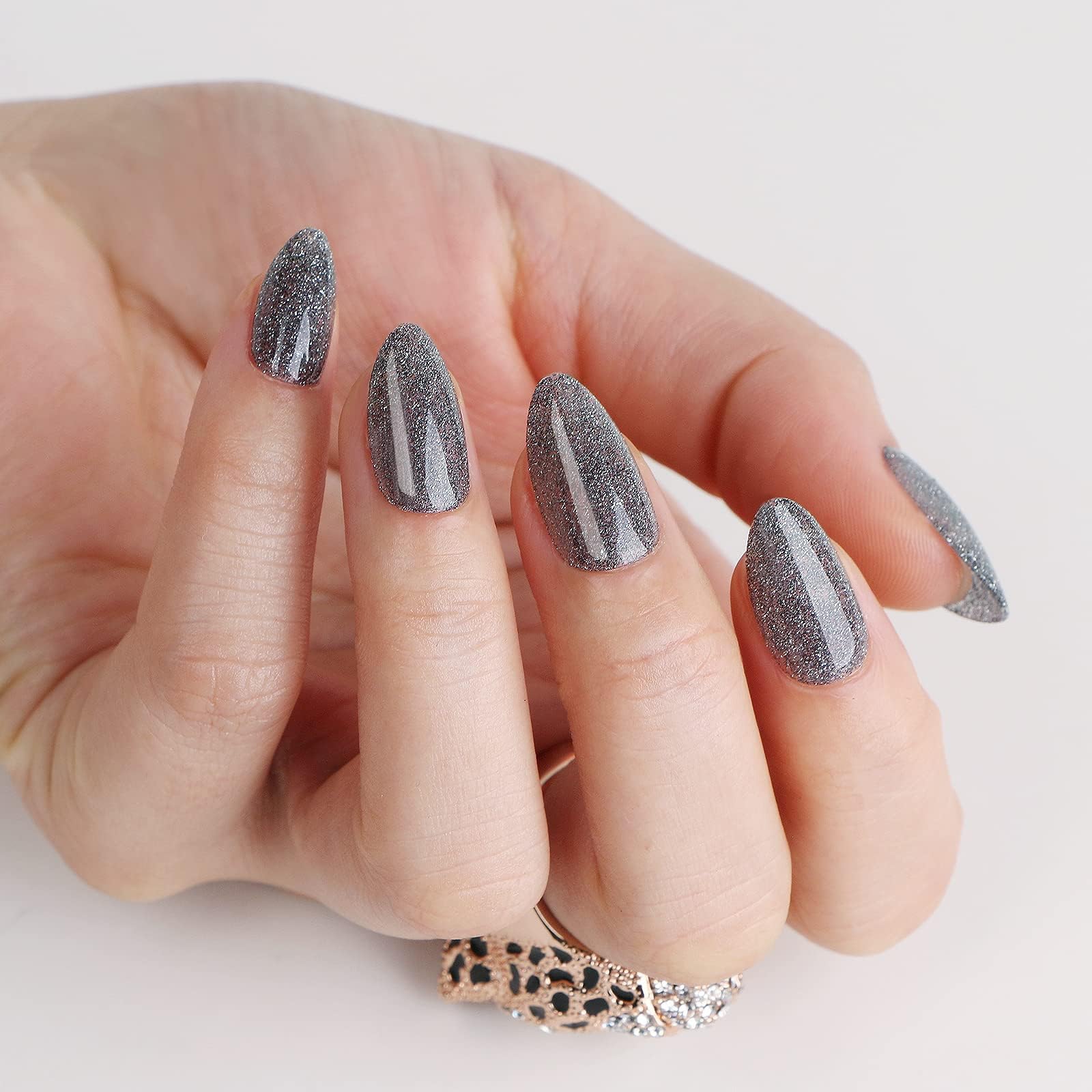 Polychrome&air Press On Nails- Galaxy | Short Almond Sparkly Black Press On Nails | 15 Sizes Metallic Shimmer Semi-Transparent False Nails | Reusable Fake Nails with Glue On Nails Kit | Salon Quality