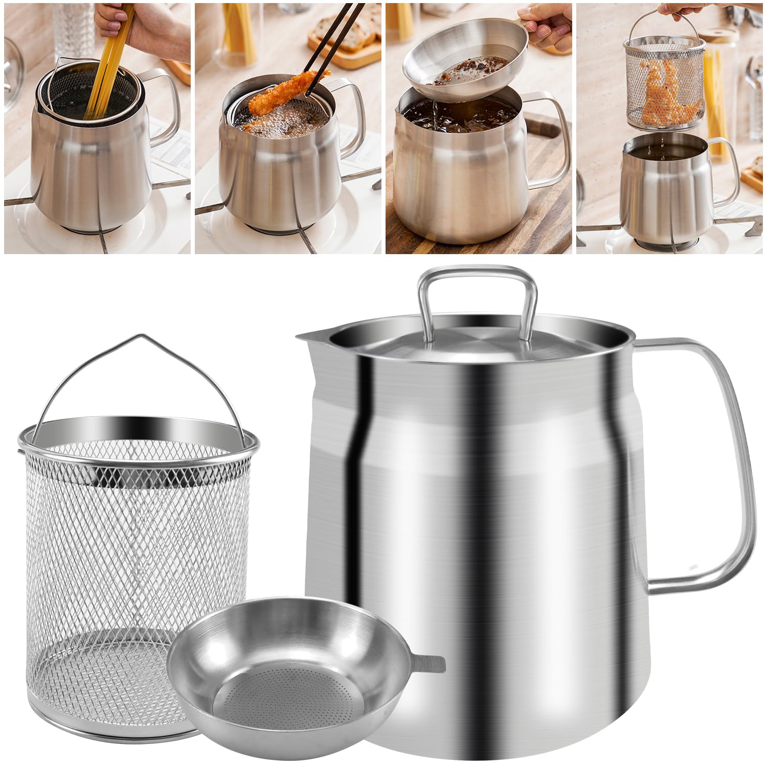 68oz 304 Stainless Steel Oil Filter Pot, Abnaok Large Capacity Versatile Oil Filter Vessel, Heavy Duty Stainless Steel Bacon Grease Container,Multi-Function Frying Net Tank For Kitchen/Camping