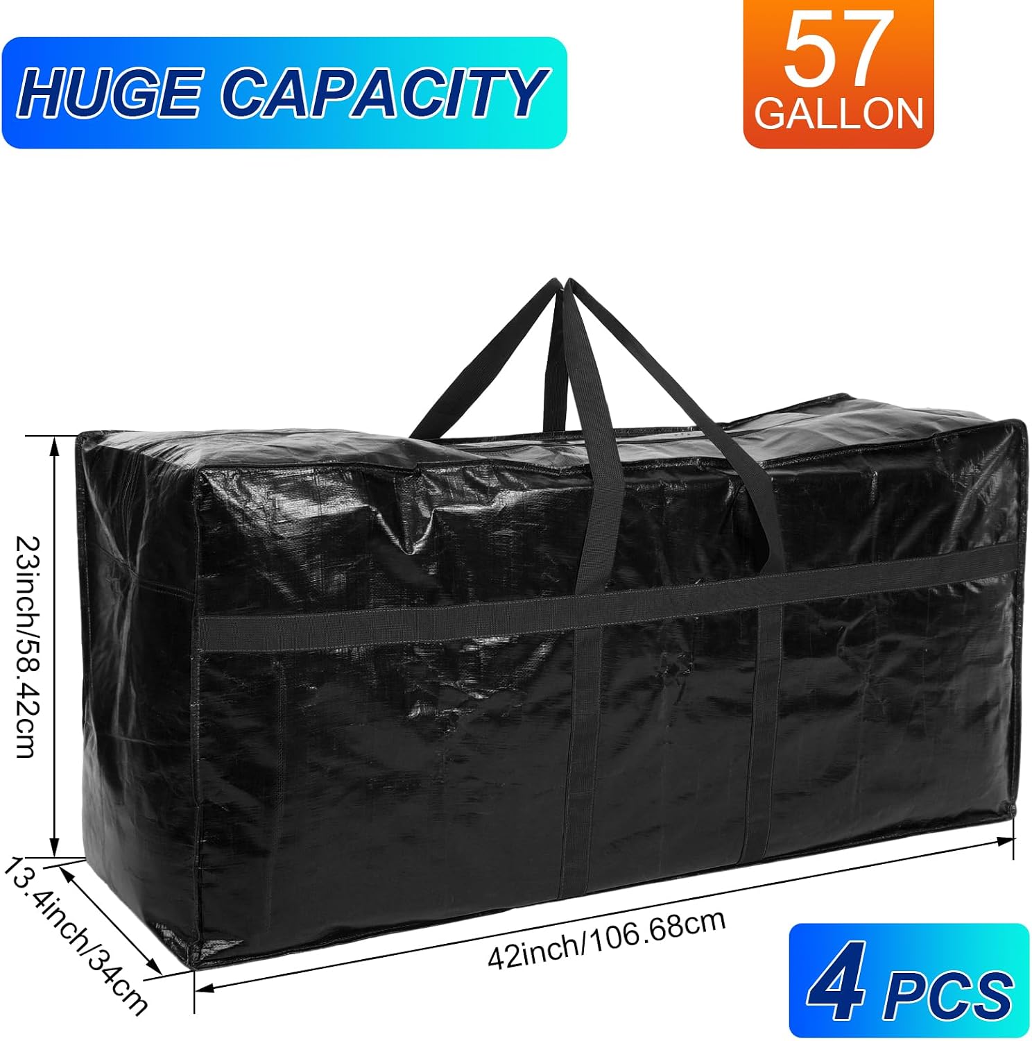 windyun 4 pack 57 gallon extra large moving bags xxl heavy duty storage bag with strong zipper handle jumbo big tote box foldable for college dorm travel clothes duffle blanket pillow(black) 57 gallon black 4