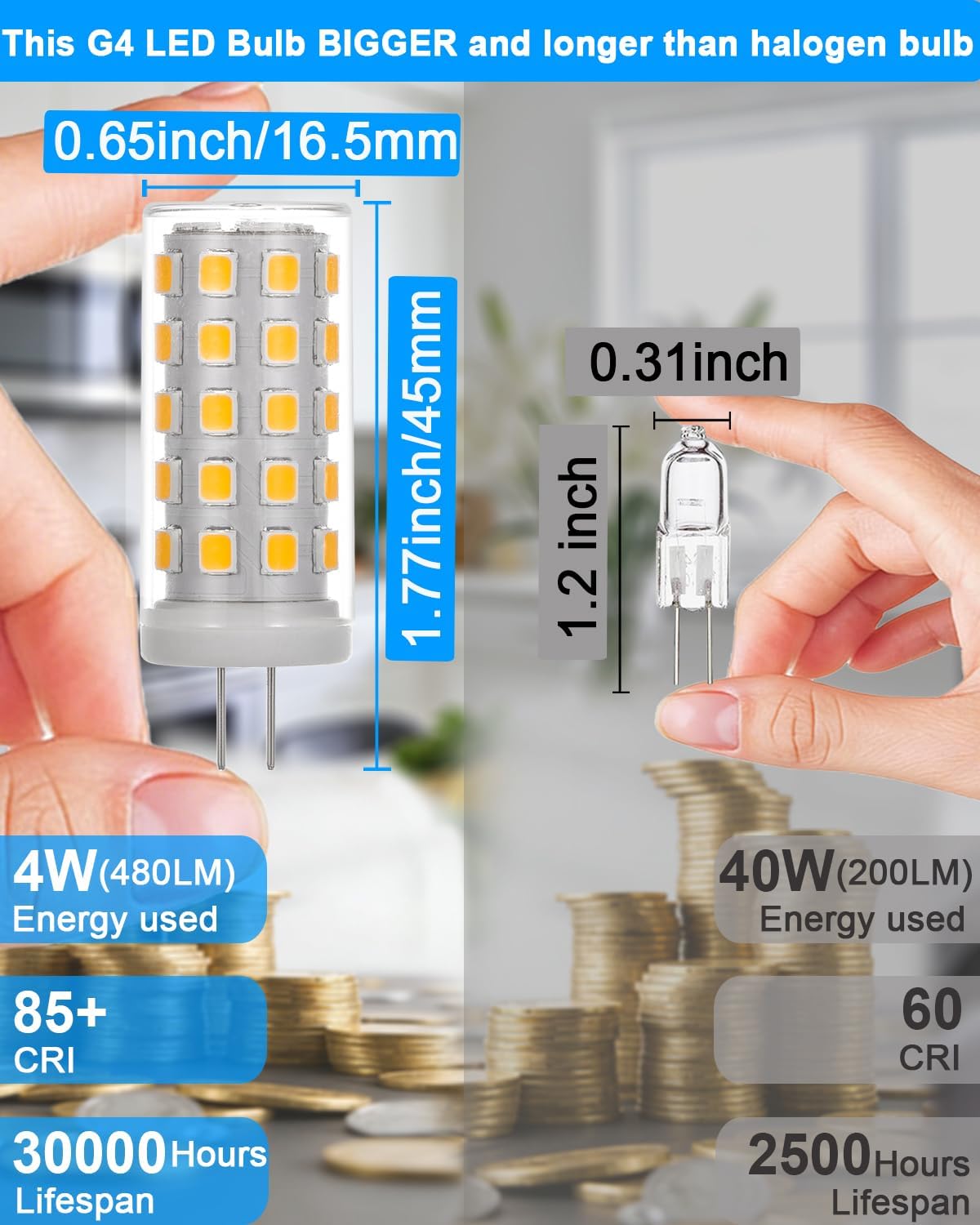 10 Pack G4 LED Bulb 12V 4W 480LM 4000K Natural White 360° Beam Angle G4 Bi-Pin Bulb Ceramic Base 40W T3 Halogen Replacement for Chandelier Cabinet Landscape Lighting