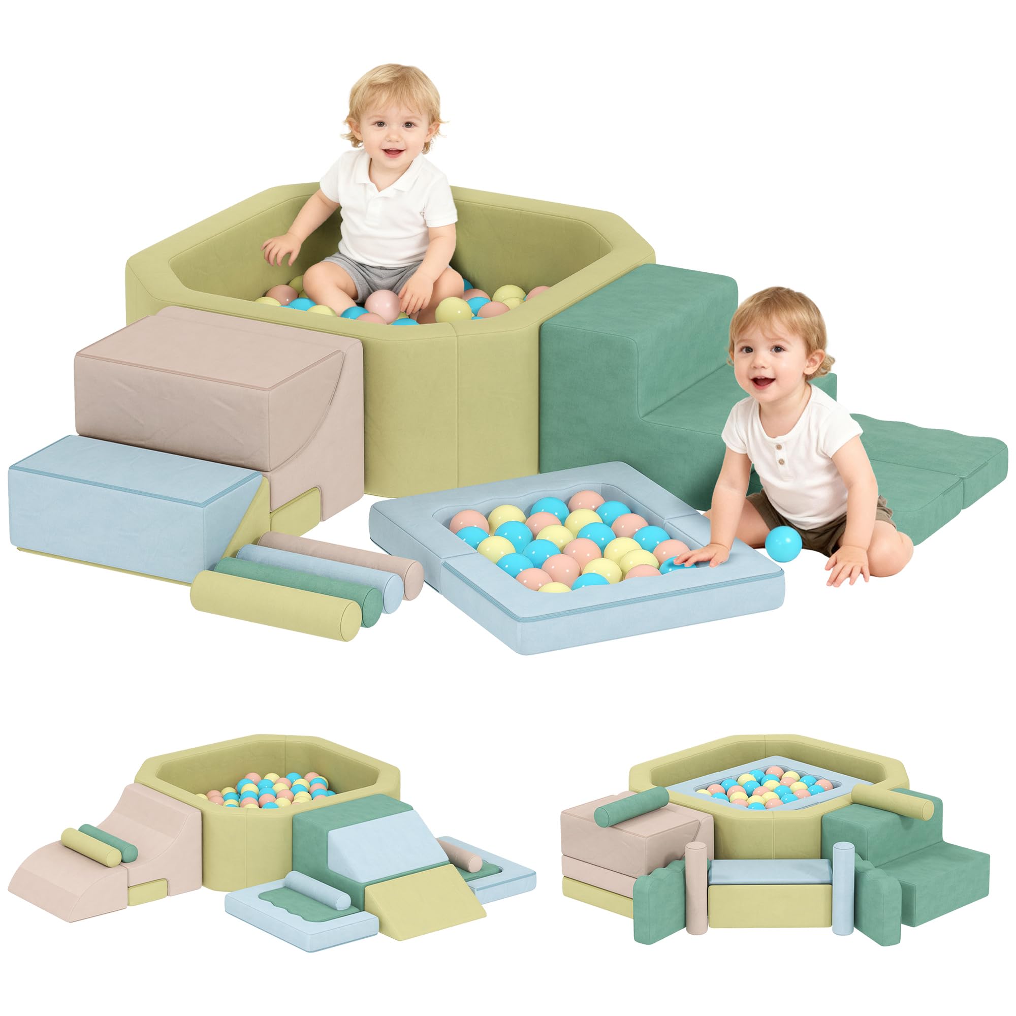 AIYAPLAY Schaumstoff Bausteine Kinder 15er-Set mit Bällepool und 200 Bällen, Riesenbausteine Klettern, Großbausteine in Cord-Optik, Bauklötze Spielbausteine, Mehrfarbig