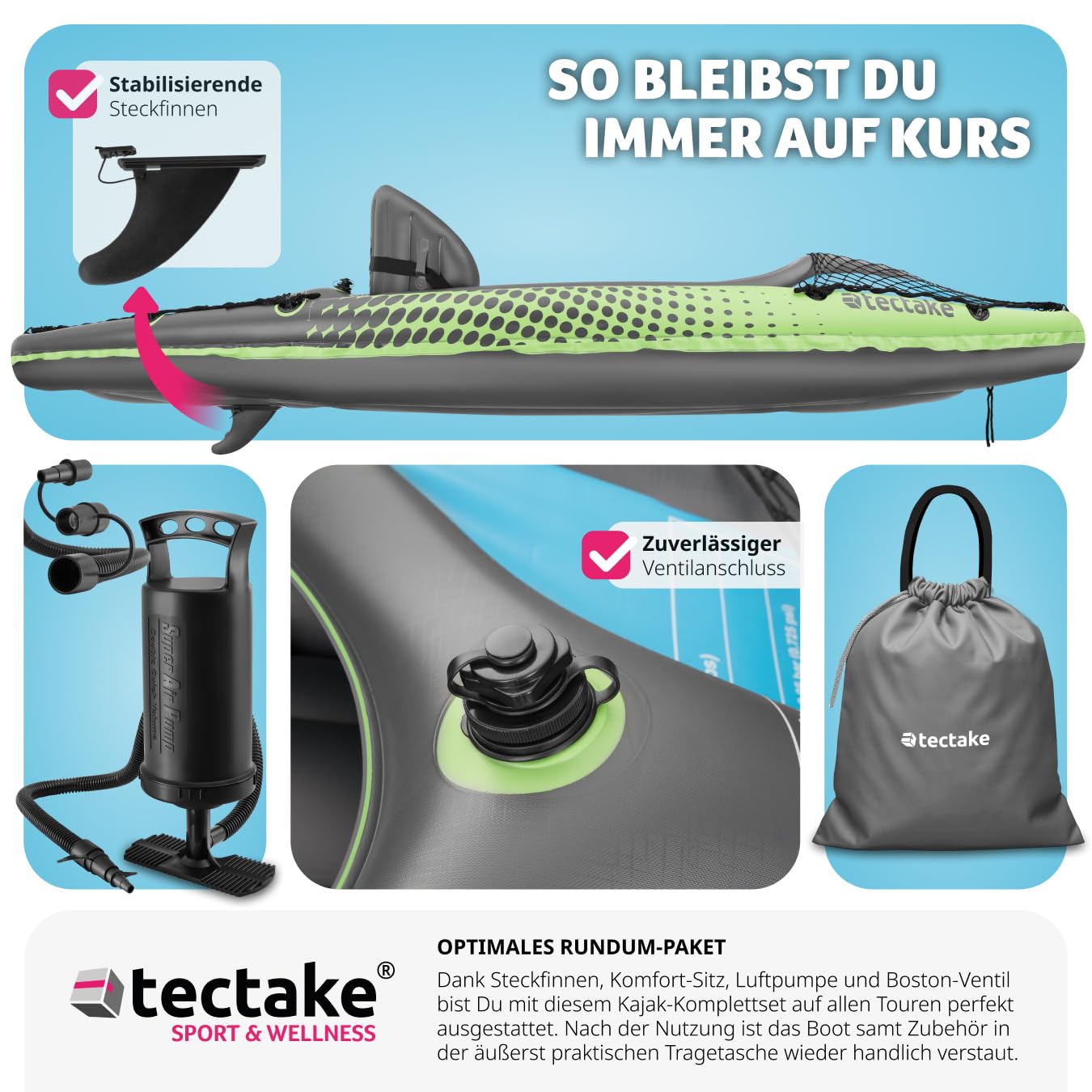 tectake® Kajak Boot aufblasbar, aufblasbares Kanu Paddelboot für 1 Person mit Doppelpaddel und Zubehör Sitz, Pumpe, Transporttasche, für Wassersport, Freizeit, als Angelboot, Ruderboot