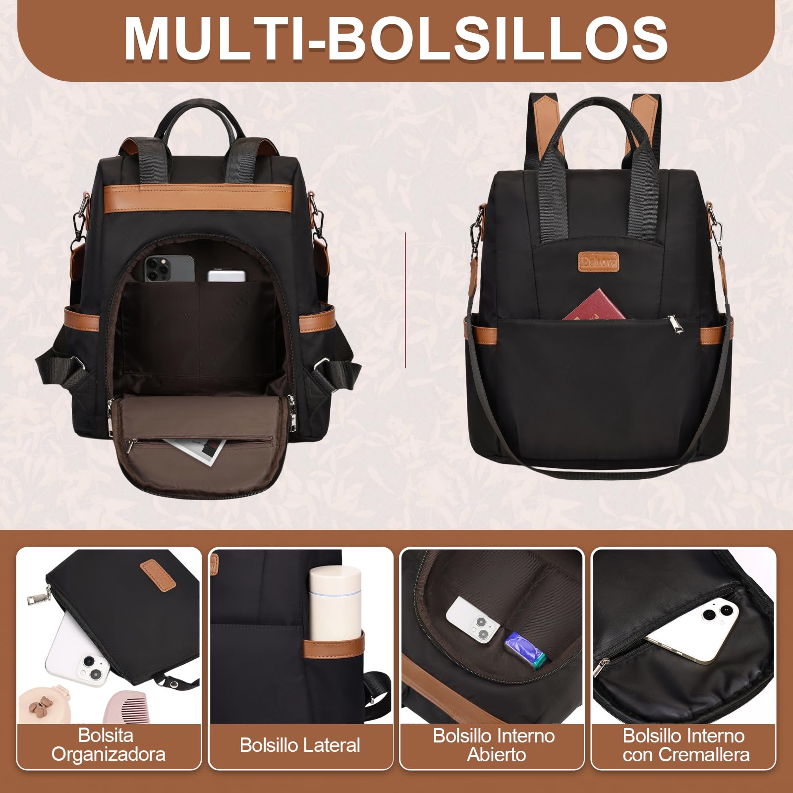 Eshow Mochila Mujer Antirrobo, Bolso Casual con Correa Ajustable y Asa Superior, Bandolera Multifuncional para Uso Diario Trabajo Viaje Escuela Compras y Universidad Negra