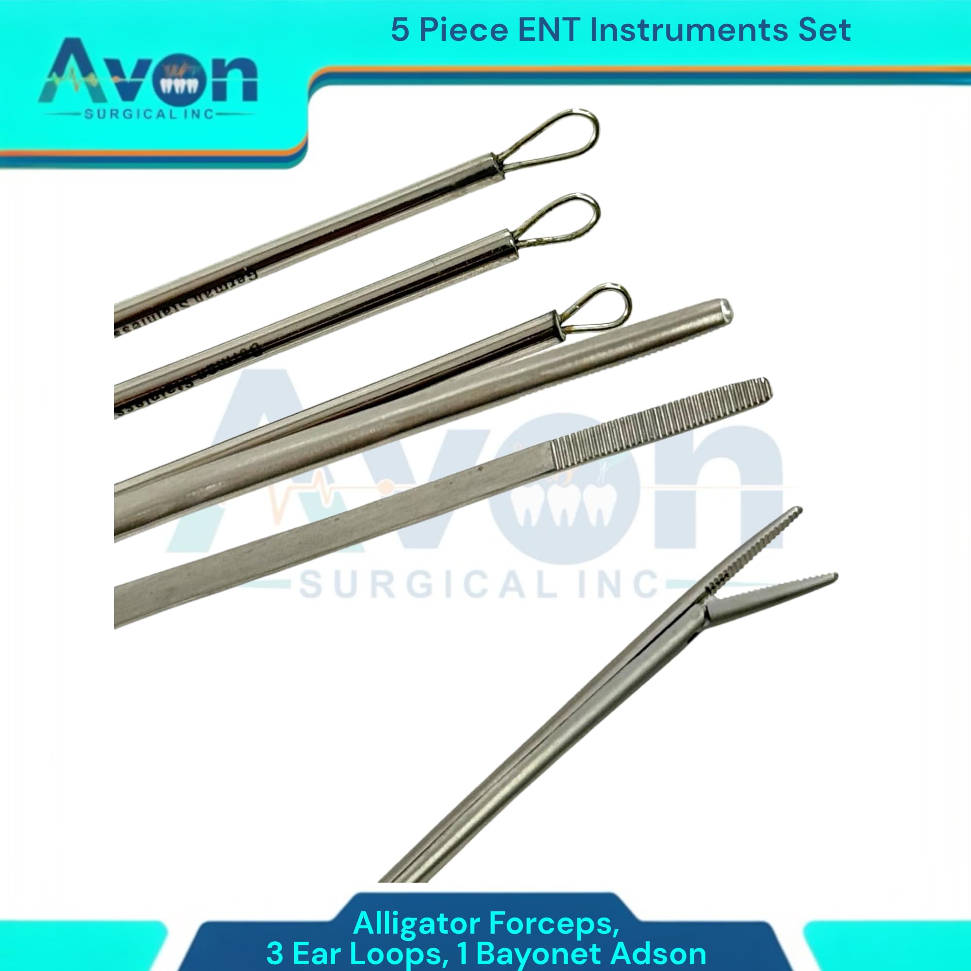 Set of 5 ENT Foreign Object Removal Ear Diagnostics Wax Removal Set with Hartmann Alligator Forceps + Bayonet Adson Forceps + 3 Billeau Ear Loop Currettes | German Stainless Steel