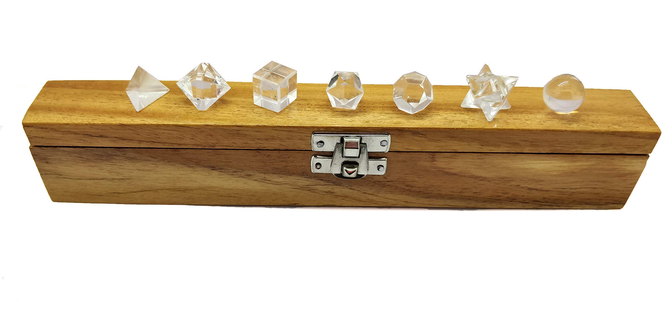 SHARVGUN Lot de 7 cristaux de quartz platoniques solides avec boîte en bois naturel