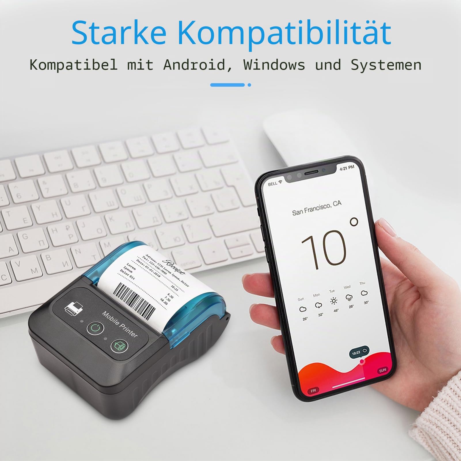 Thermo Belegdrucker, 58 mm Mini Tragbarer Thermodrucker Taschendrucker mit 11 Rollen Thermopapier, USB Verbindung und Kabelloser BT, für Büro Supermarkt Restaurant