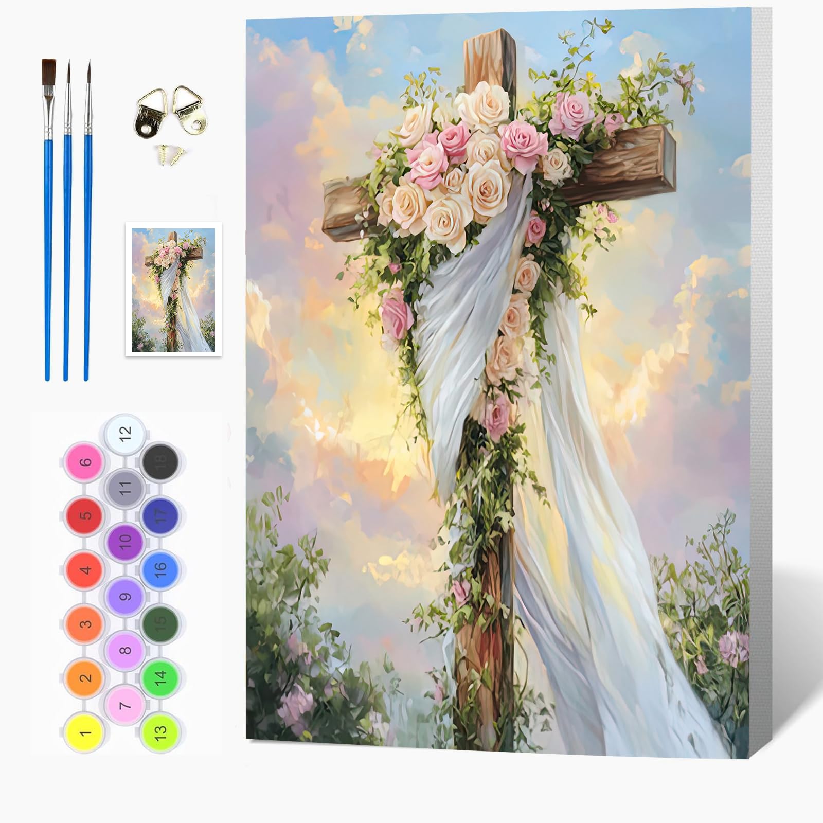 Auremi Cross Paint by Numbers Kits Kids Adults, Flower Painting by Number Kits On Canvas,Framed DIY Color Oil Painting Acrylic Paints,Home Wall Decor 20x30cm
