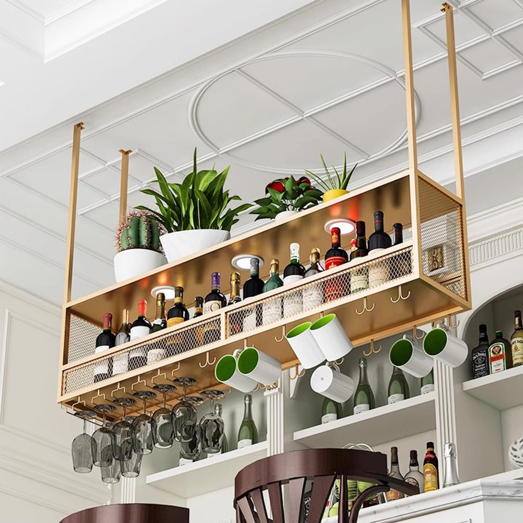 Étagère à vin de plafond robuste avec perche de suspension en métal noir et porte-verre