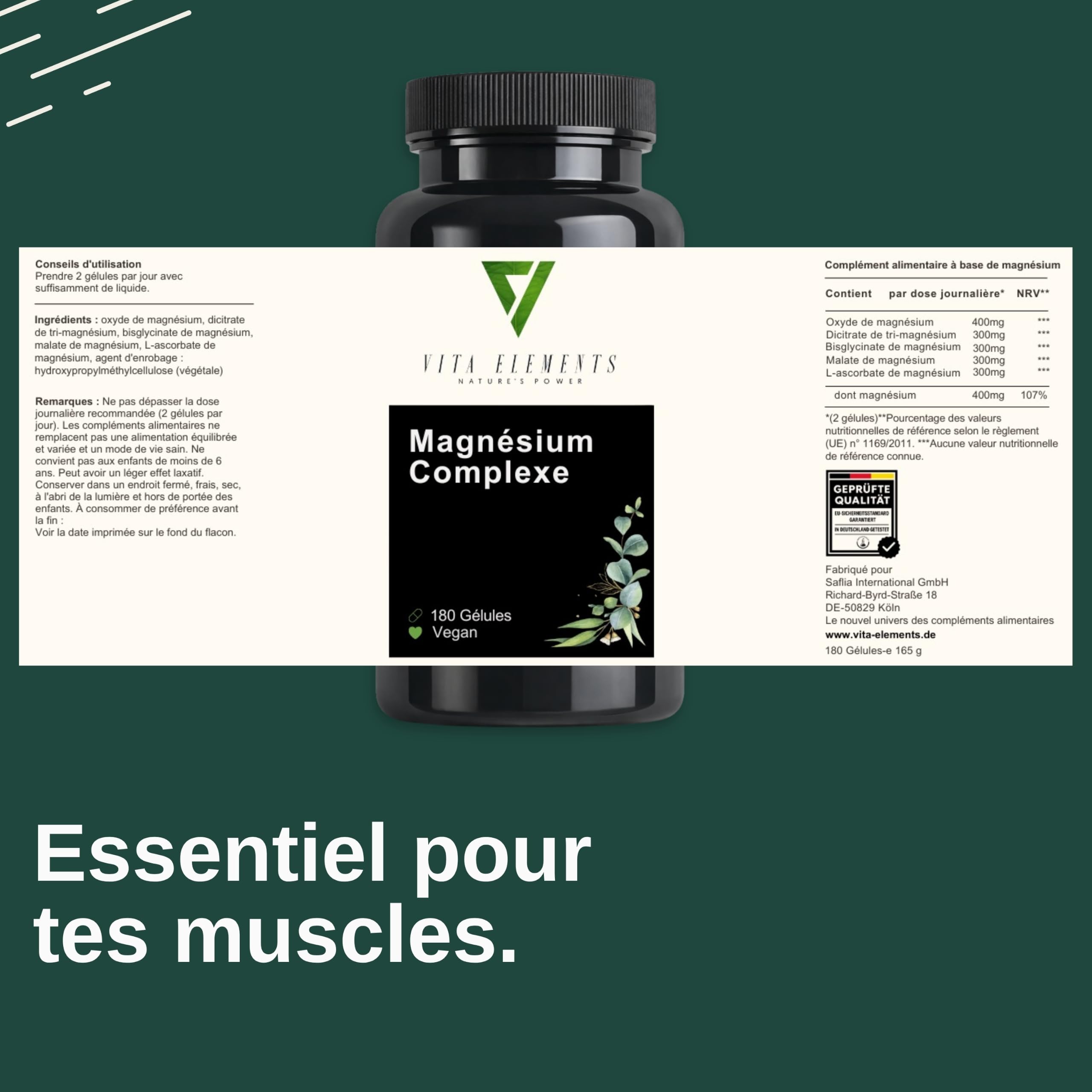 Vita Elements Complexe Magnésium - 180 gélules - 400 mg - Lot de 3