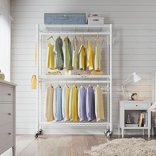 Miniatura 2 de VIPEK V12 - Perchero de 3 niveles ajustable de alambre con ruedas, estante de almacenamiento independiente de metal resistente para colgar ropa,