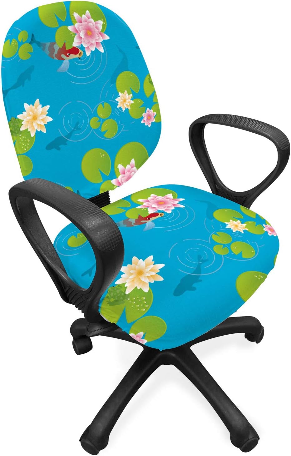 Ambesonne Pond Office Chair Slipcover, Pattern of Koi Fishes and Frogs Swimming with Water Lilies and Lotus Flowers, Protective Stretch Decorative Fabric Cover, Sky Blue Multicolor