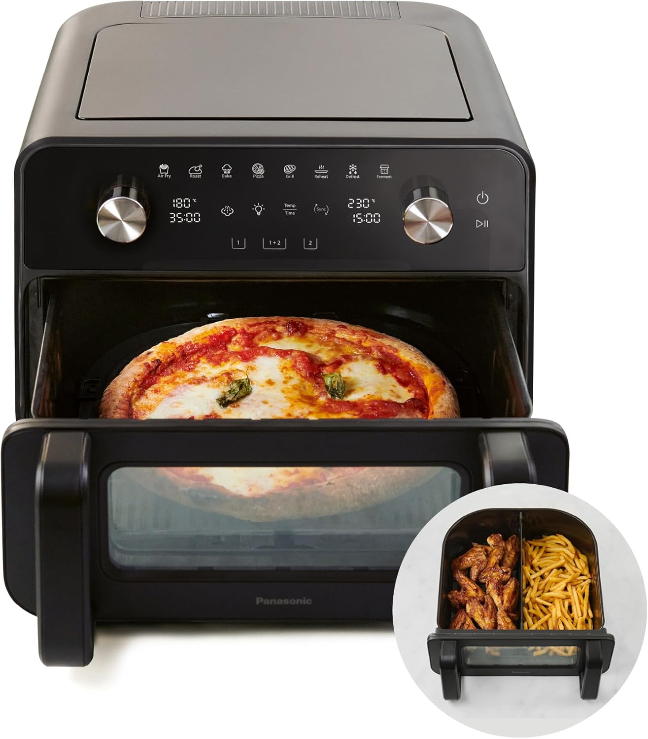 Panasonic NF-BC1000 Flex Air Fryer with Viewing Window, XL Flexible Basket, Basket Divider, 9.6L, 30°-230°C, Gentle Steam, 8 Presets, Easy Clean, Black