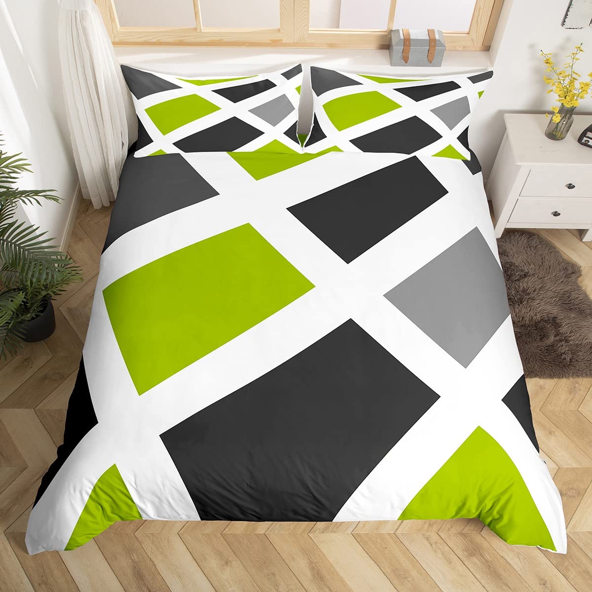 Loussiesd Kids Geometric Abstract Bedding Set Modern Stripe Duvet Cover for Kids Women Men Bedroom Grey Green Triangle Decor Comforter Cover Set Decor Bedspread Cover King Size With 2 Pillow Case