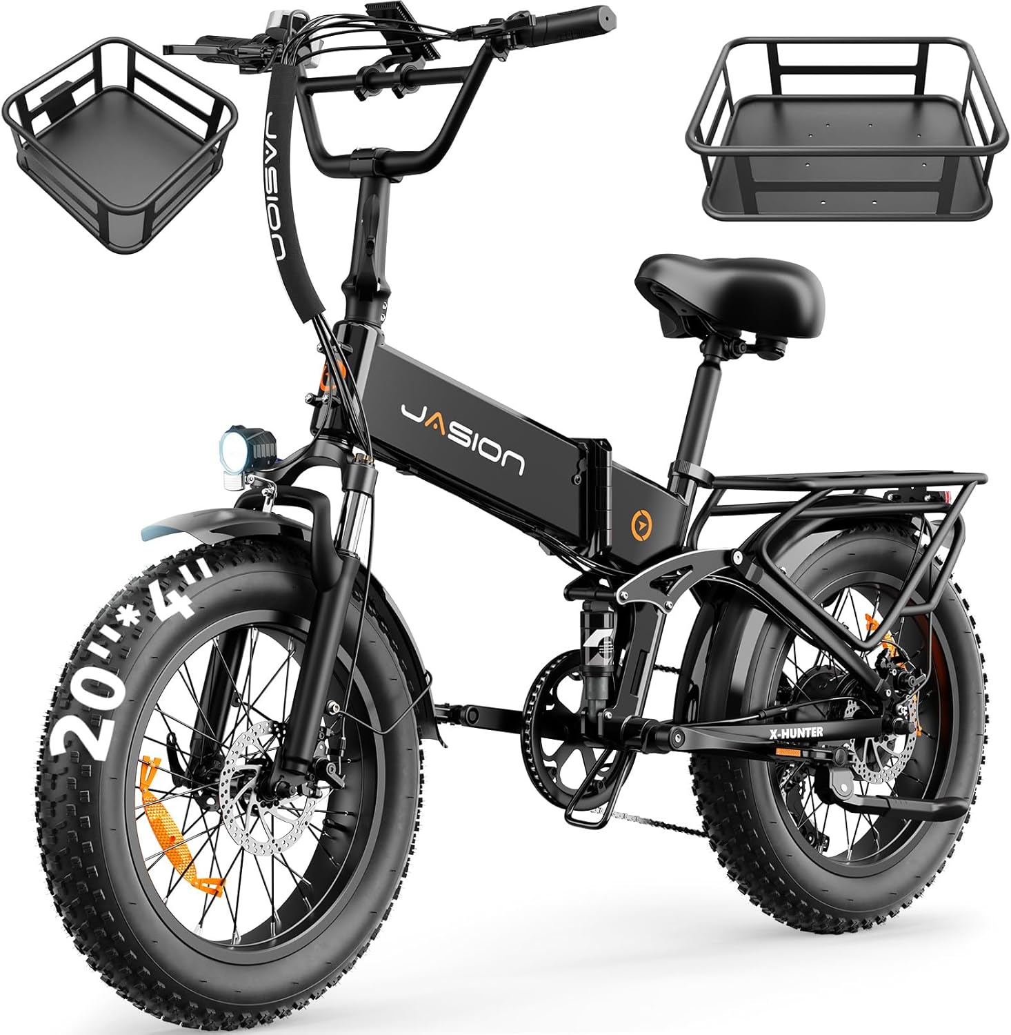 Jasion X Hunter Electric Bike for Adults,Foldable Ebike 1400W Peak,20*4''Fat Tire Folding E bike,70 Miles Range 30MPH Max Speed 48V 13AH Removable Battery,Front and Back Basket Gifts,UL2849 Certified