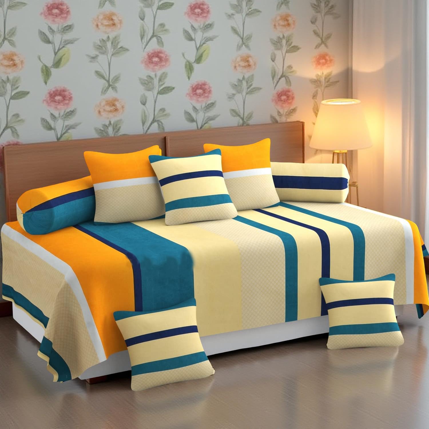 IVAZA Printed Designer Cotton Diwan Set with 6 Pieces, 1 Single bedsheet with 3 Cushions Covers (Yellow)-image-14