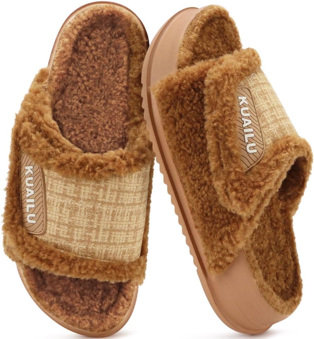 KuaiLu Cushion Slippers For Women with Orthotic Arch Support Wide Adjustable Open Toe Furry Fur Sandals Warm Teddy Fleece Recovery Slides Slip On House Shoes Indoor Outdoor Outfits