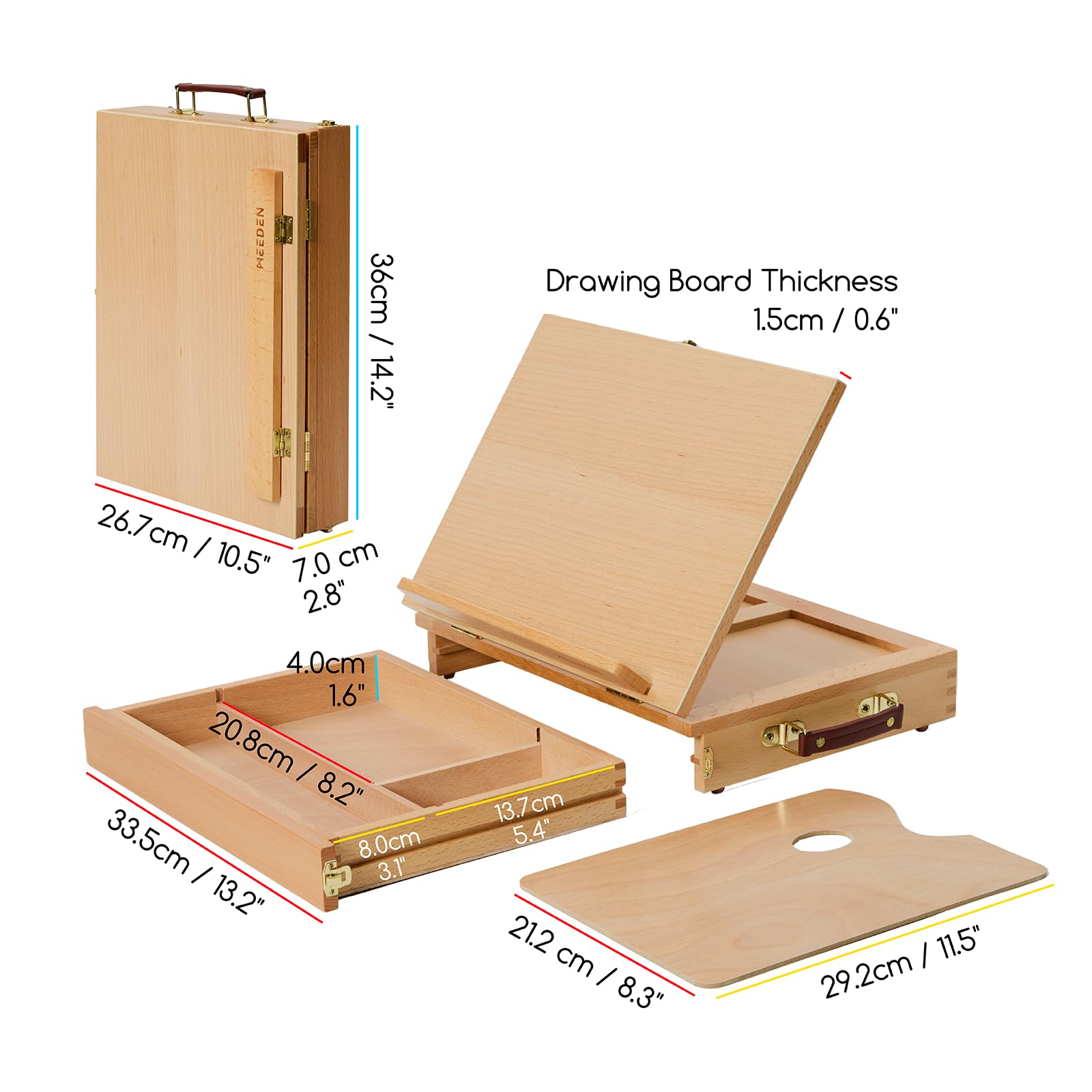 MEEDEN Tischstaffelei Box aus Holz, Portable Sketchbox aus Buchenholz mit Aufbewahrung, Verstellbarer Leinwand Ständer für Maler, Künstler und Anfänger, Leinwand bis zu 27 x 36,3 cm | Tragbare Malstaffelei mit Aufbewahrung – Holz-Skizzenbox für Künstler,