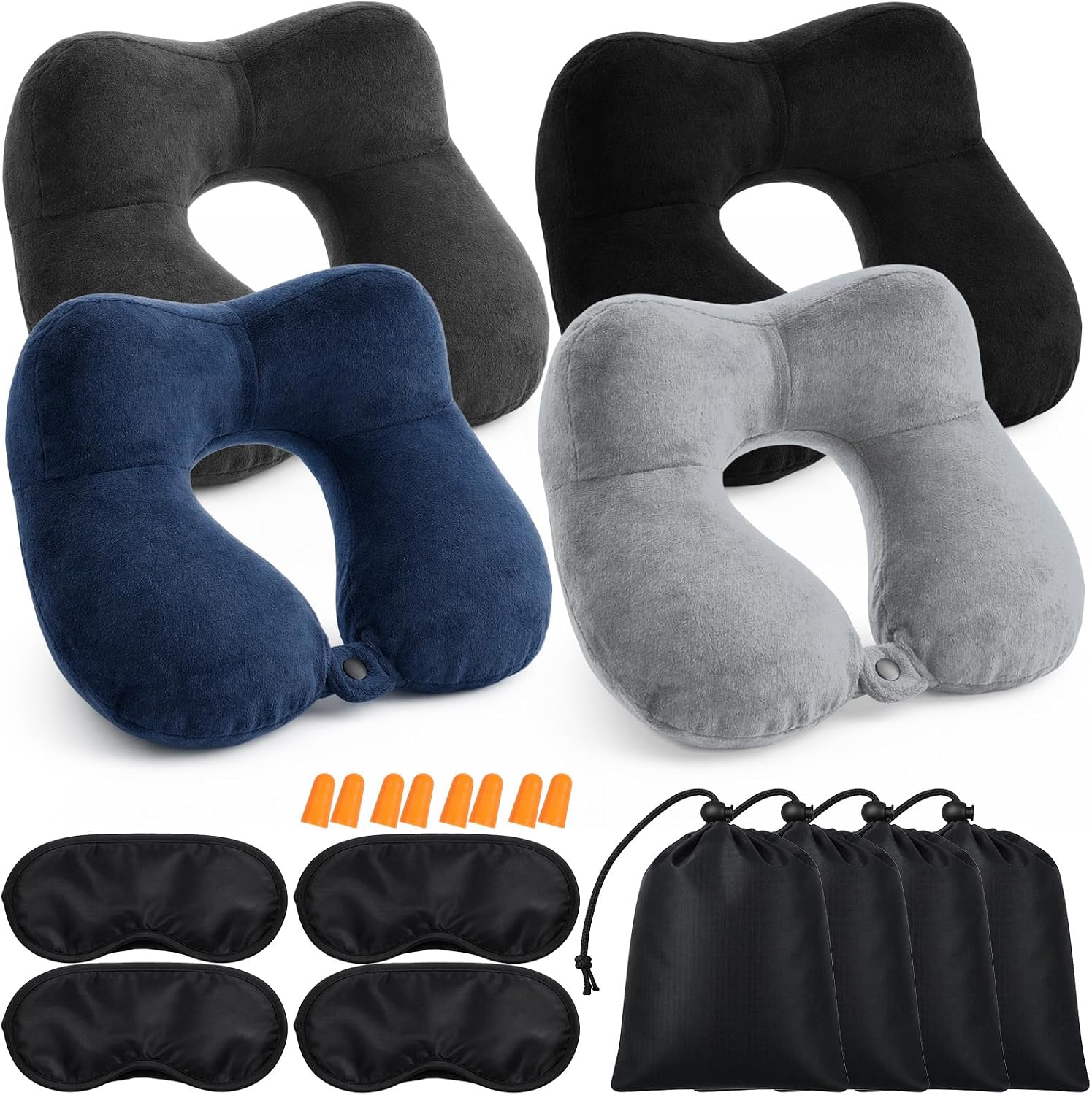 4 Sets Inflatable Travel Pillows, 11" x 10" x 4" Neck Pillow for Airplanes with Compact Bag and Blindfold Velvet Inflatable Neck Pillow for Traveling Head Support U Shaped Flight Inch (4 Colors)