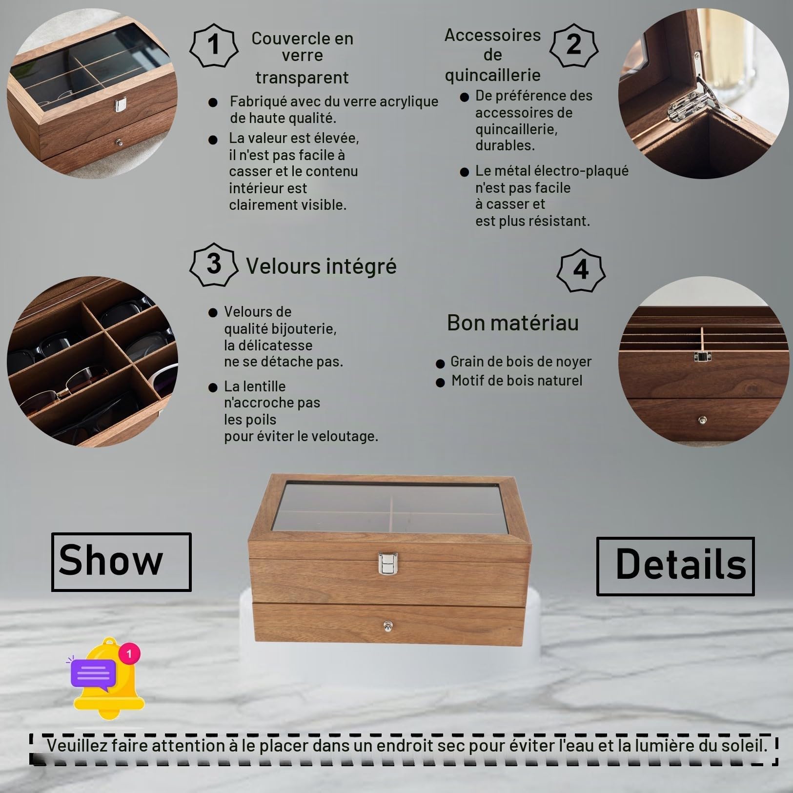 Boîte à Lunettes en Bois,12 Compartiments Rangement pour Lunettes et Lunettes de Soleil Couvercle en Verre Deux Couche Étui Lunettes Écrin à Accessoires 2 Niveaux Coffre de Rangement