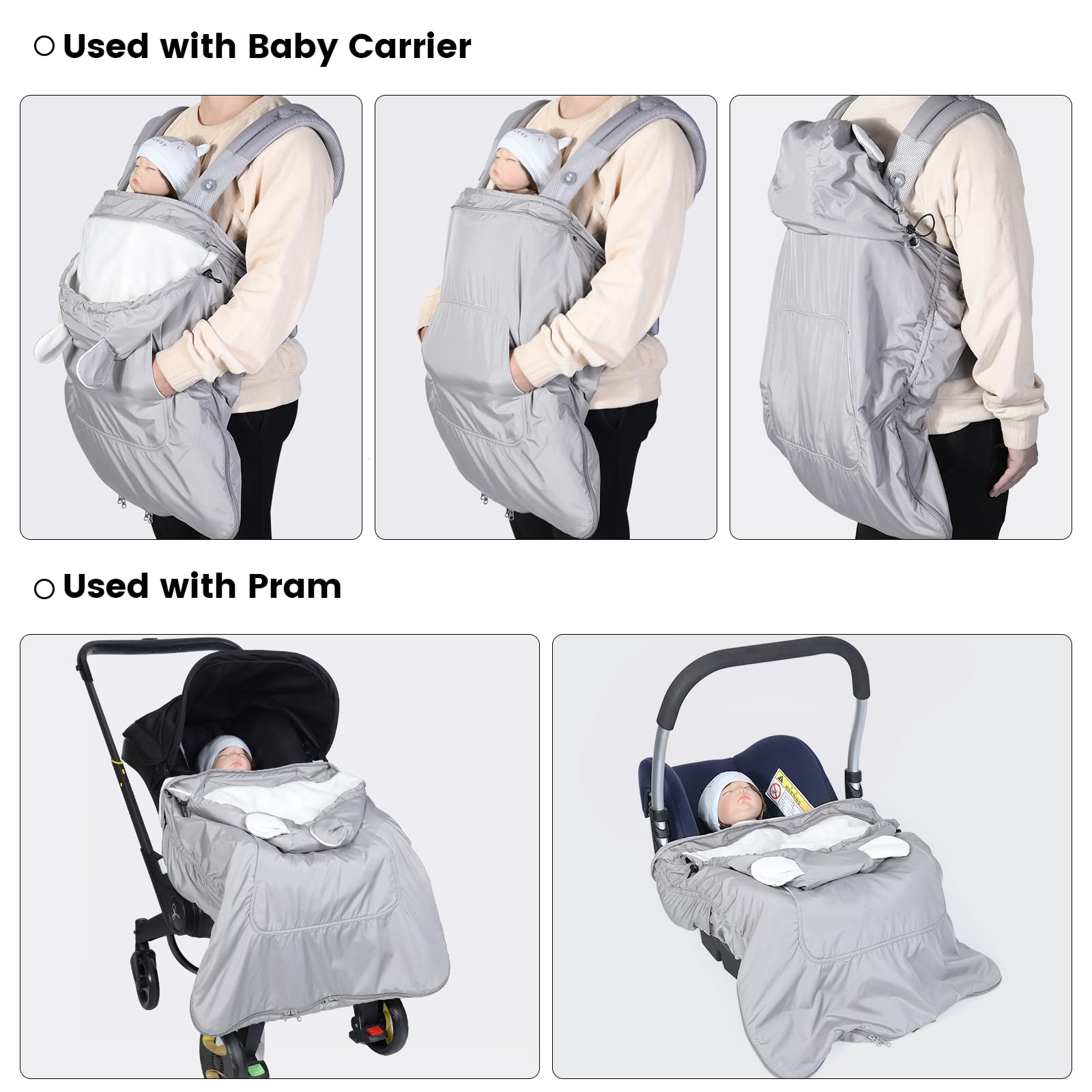 Orzbow Cover Marsupio Neonato, Impermeabile Cover Babywearing Invernale, Coperta Marsupio Neonato Universale, Parte Superiore Staccabile con Cordoncino, Cerniera Inferiore e Tasca, Orso Grigio Chiaro