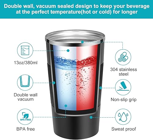 Miniatura 3 de YINJAM Taza de café de viaje de 12 onzas, tazas de café aisladas para llevar, con tapa a prueba de fugas, acero inoxidable al vacío, vaso térmico