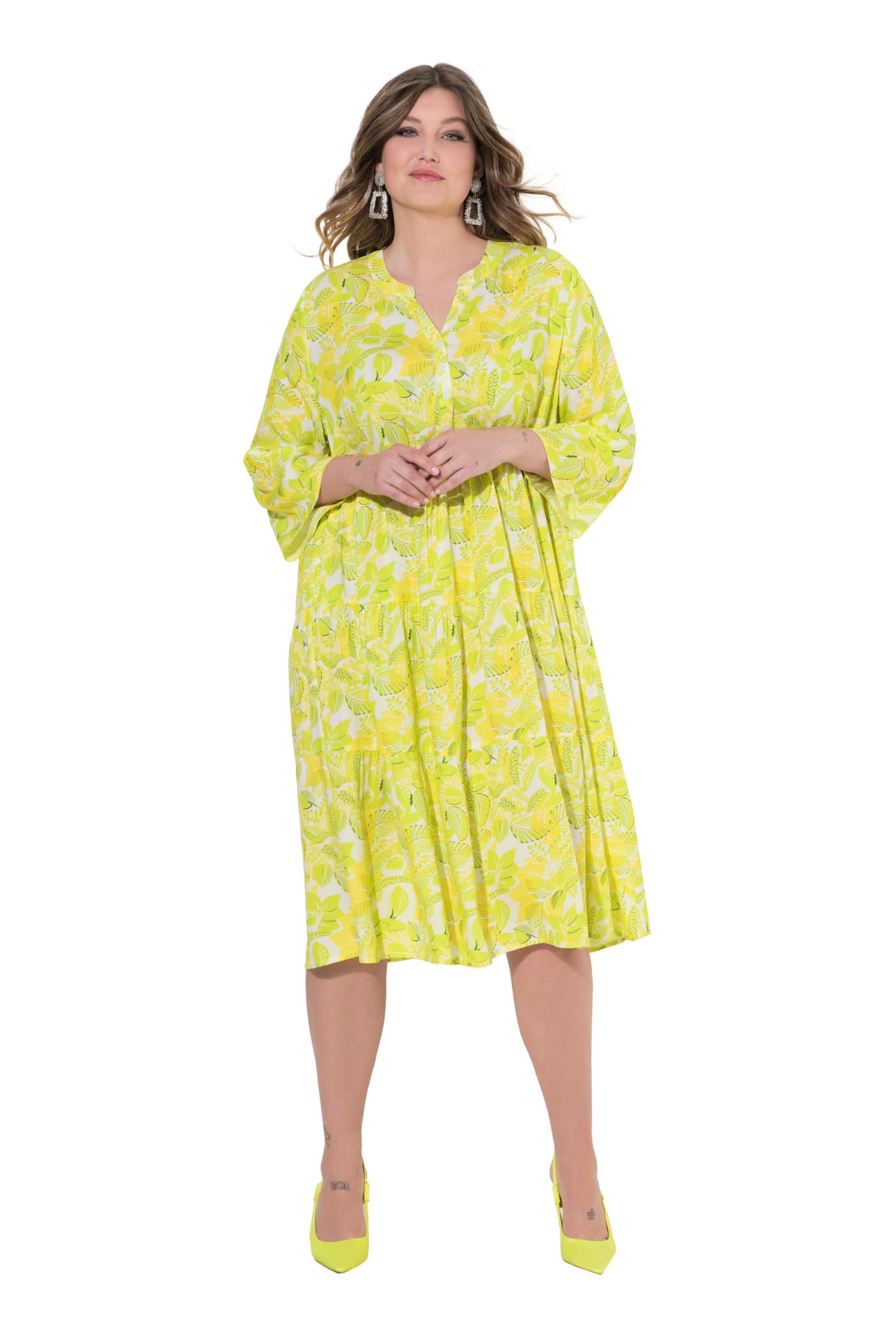 MIAMODA Damen große Größen Übergrößen Plus Size Kleid, A-Linie, Blätter-Muster, Volants 841858