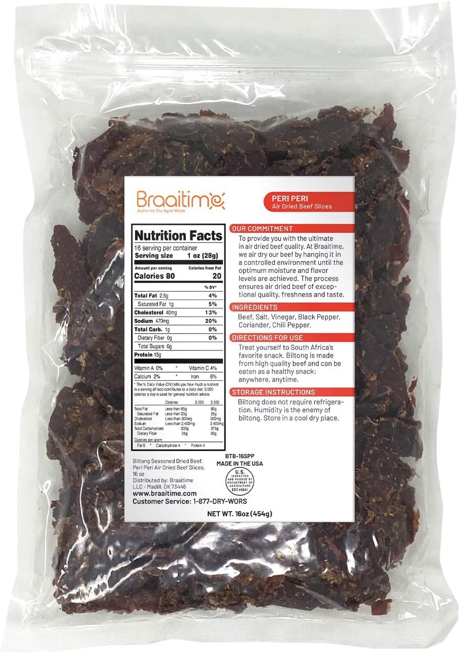 Braaitime Biltong - South African Seasoned Dried Beef Jerky Sliced - Spicy Peri Peri, 16oz