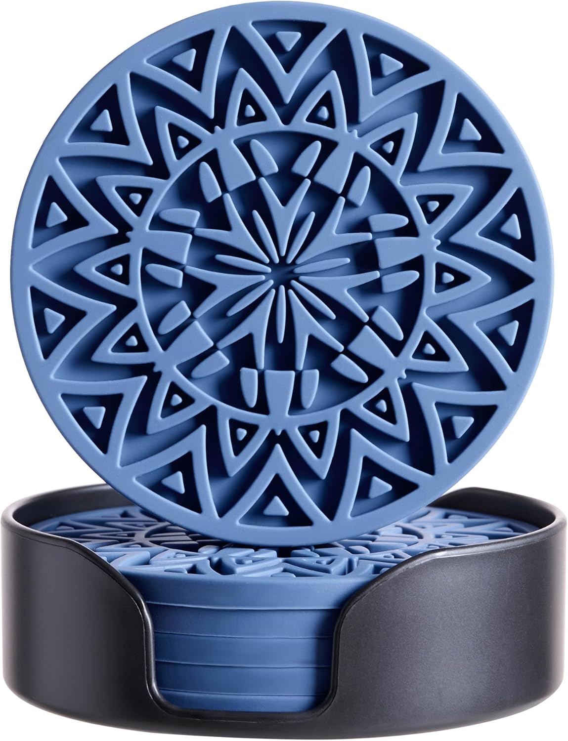 Hoomey Set of 6 Navy Silicone Coasters with Holder, Drink Coasters with Tribal Pattern Shape- for Table Protection, Anti Slip, Nonstick, Heat Resistant, Deep Tray