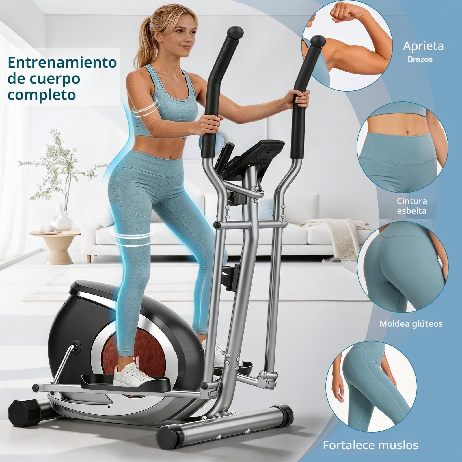 Elípticas Fitness Casa, Bicicleta Elíptica con 16 Niveles de Resistencia Magnética, Pantalla LCD con Bluetooth y Ruedas de Transporte, Equipo de Entrenamiento para Todo el Cuerpo