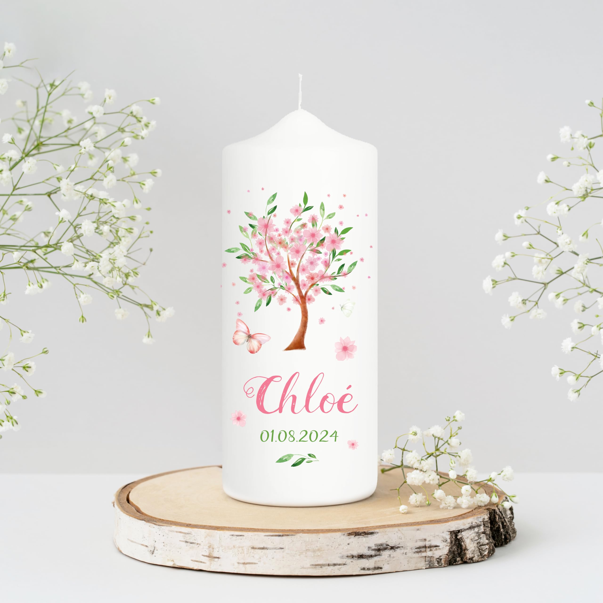 Bougie Baptême personnalisée Fille motif Arbre fleuri – Cierge Baptême avec prénom et date – Bougie imprimée – cierge personnalisé – 25 x 7 cm