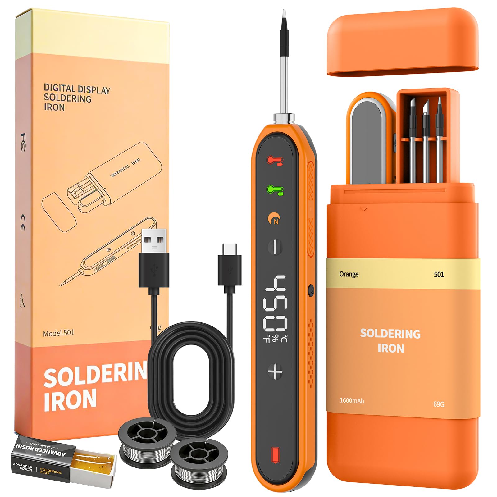 Rechargeable Cordless Soldering Iron Kit, 1600mAh Wireless Soldering Pen 8s Rapid Heating, 180-450°C Adjustable, 3 Interchangeable Tips, Solder Paste Solder Wire Rolls for DIY Circuit Repair Orange