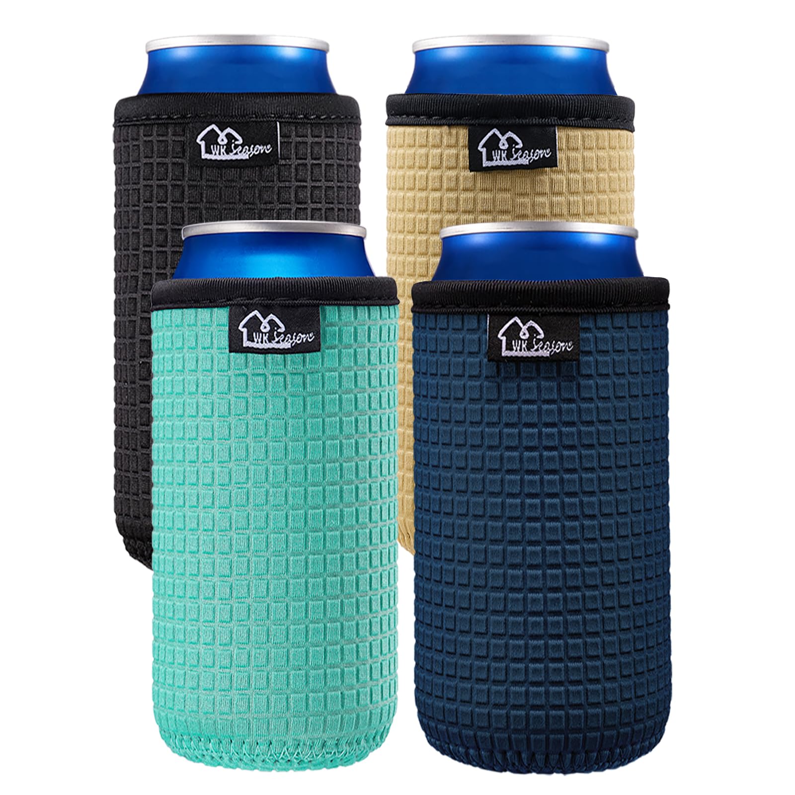 WK IEASON12oz Slim Can Sleeves Insulators Tall Can Kooize Neoprene Slim Can Covers 12OZ Beer Bottle Sleeves Coolers Non-slip Neoprene Can Cooler Sleeves 4PC Pack(Black/Cool Mint/Dark blue/Khaki)