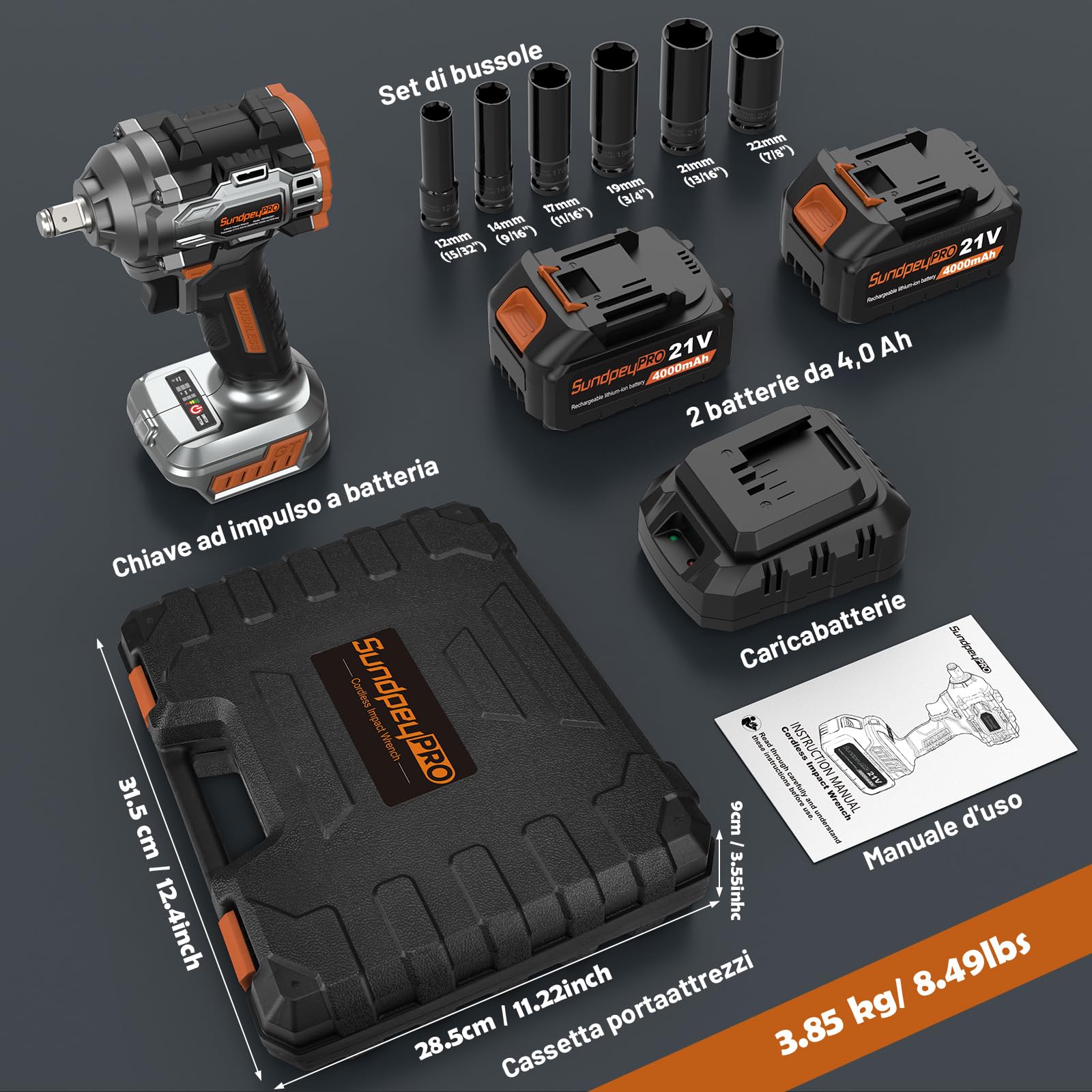 Avvitatore a Impulsi Brushless 1000 Nm, 21V Avvitatore a Percussione con 2 Batterie 4.0Ah, Avvitatore ad Impulsi 2800 RPM con 6 Bussole e Caricatore Rapido e Luci a LED per Auto e Casa
