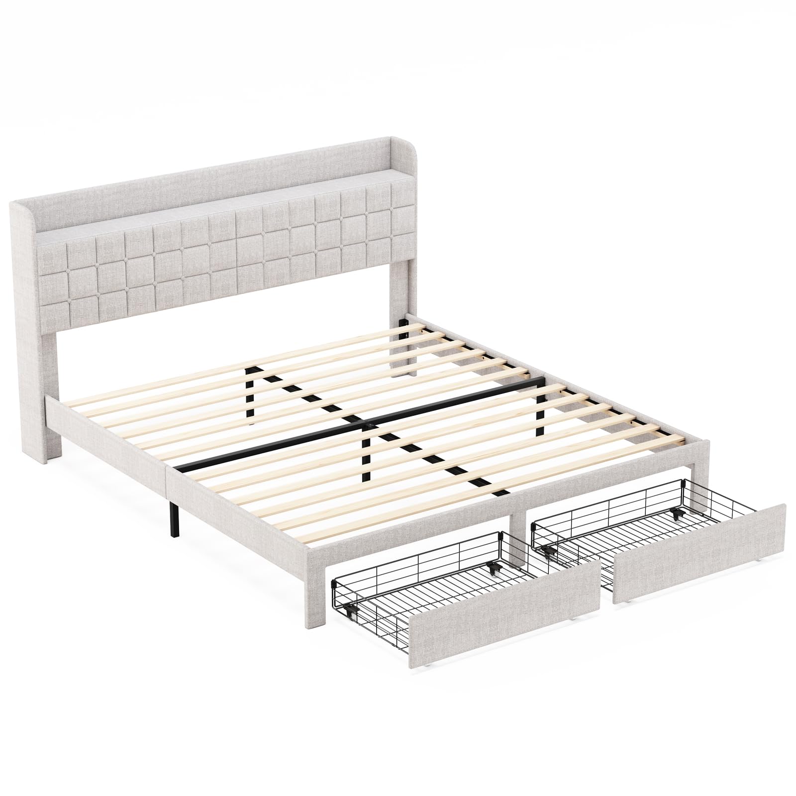 DUMOS Upholstered Platform Bed Frame with Storage King Size Bed Frame with 2 Metal Baskets Fabric Headboard Wooden