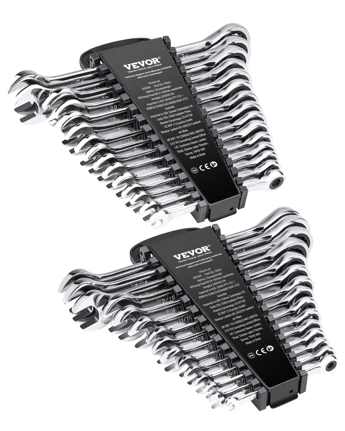VEVOR Combination Wrench Set, 30-Piece Ratcheting Wrench Set with Organizer Rack, Cr-V Steel Wrench Set SAE 1/4" to 1", Metric 8 mm to 24 mm, Ideal for General Household, Garage, Workshop, Emergency