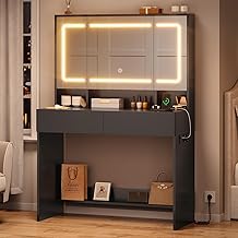 AOGLLATI Dressing Table with Large Dressing Table Mirror with Socket and Adjustable LED Lights, Hidden Storage, 2 Drawers White 80 x 40 x 141 cm