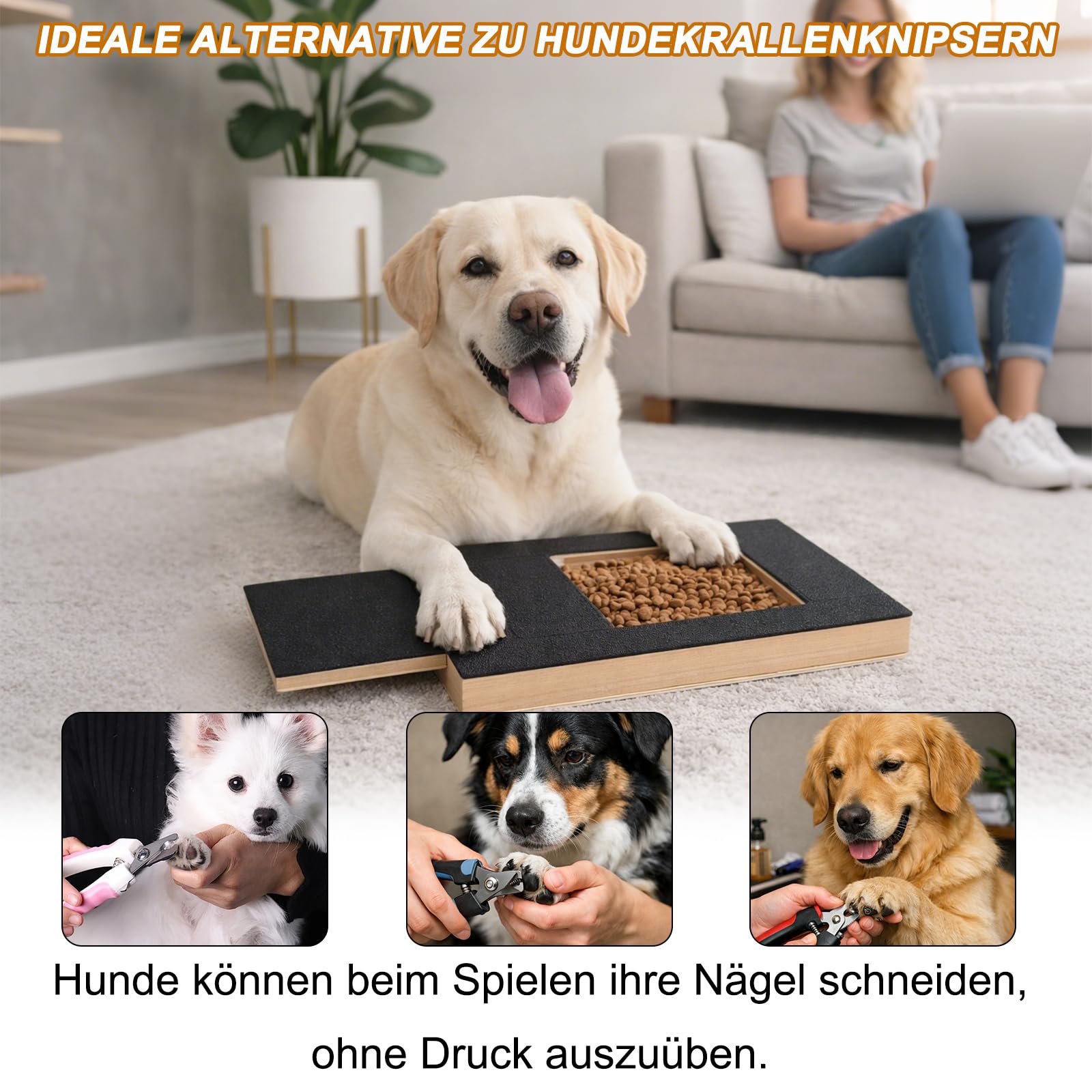 Krallenschleifer für Hunde - 35x25x3cm Kratzbrett Hund mit Leckerlibox, 2 Stücke Schleifpapier, Stressfrei Krallenschleifer für Hundekrallen, Alternative zu Krallenknipsern und -Schleifern für Hunde