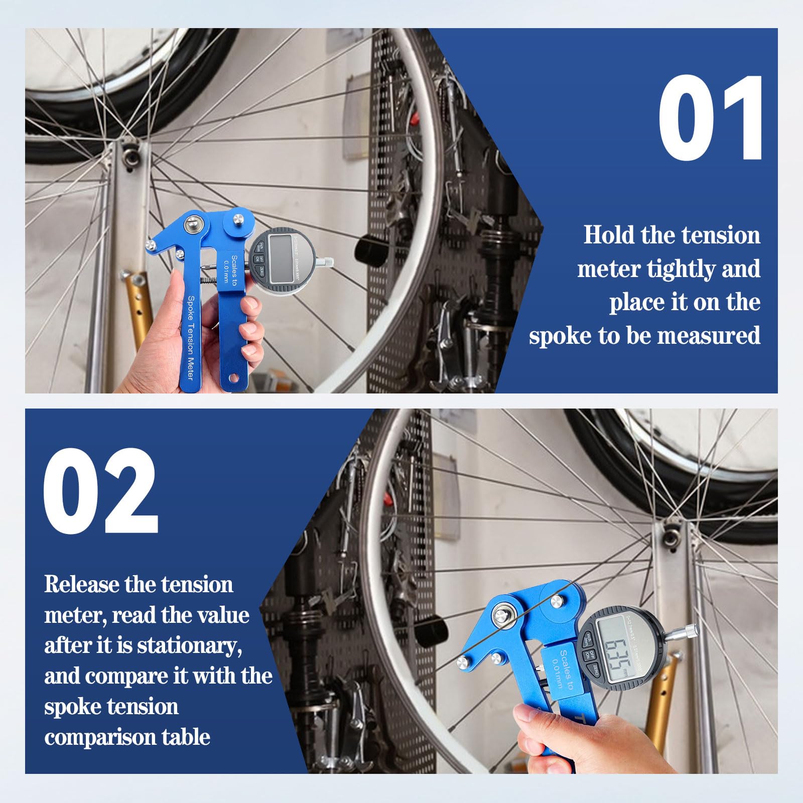 Fahrrad-Speichen-Spannungsmesser, Aluminiumlegierung, hohe Präzision, genaue Anzeige, Fahrrad-Speichenspannungsmesser mit Fahrradspeichenschlüssel-Werkzeug