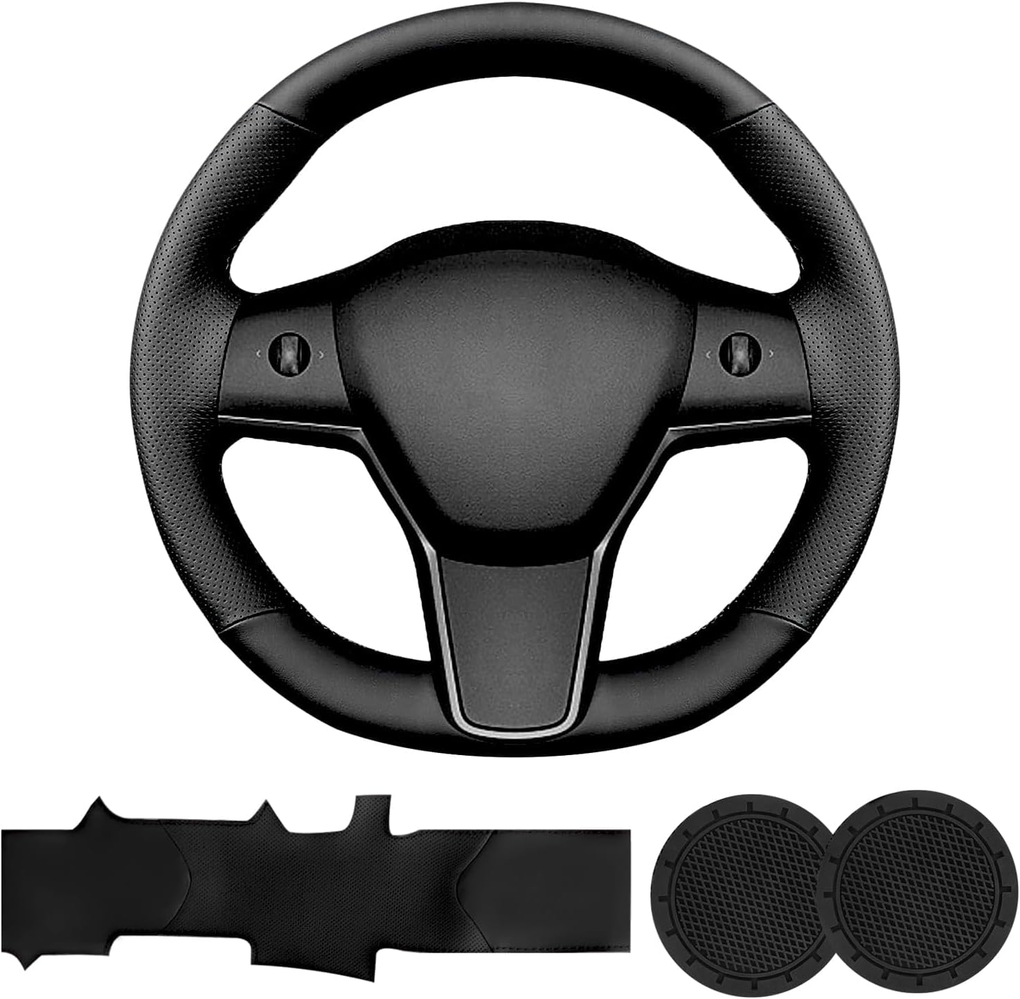 Hand Sewn Microfiber Leather Steering Wheel Cover, Stitch Steering Wheel Wrap Set for Original Tesla Model 3 2017-2023/Model Y 2020-2023 Juniper/Highland Accessories (A)