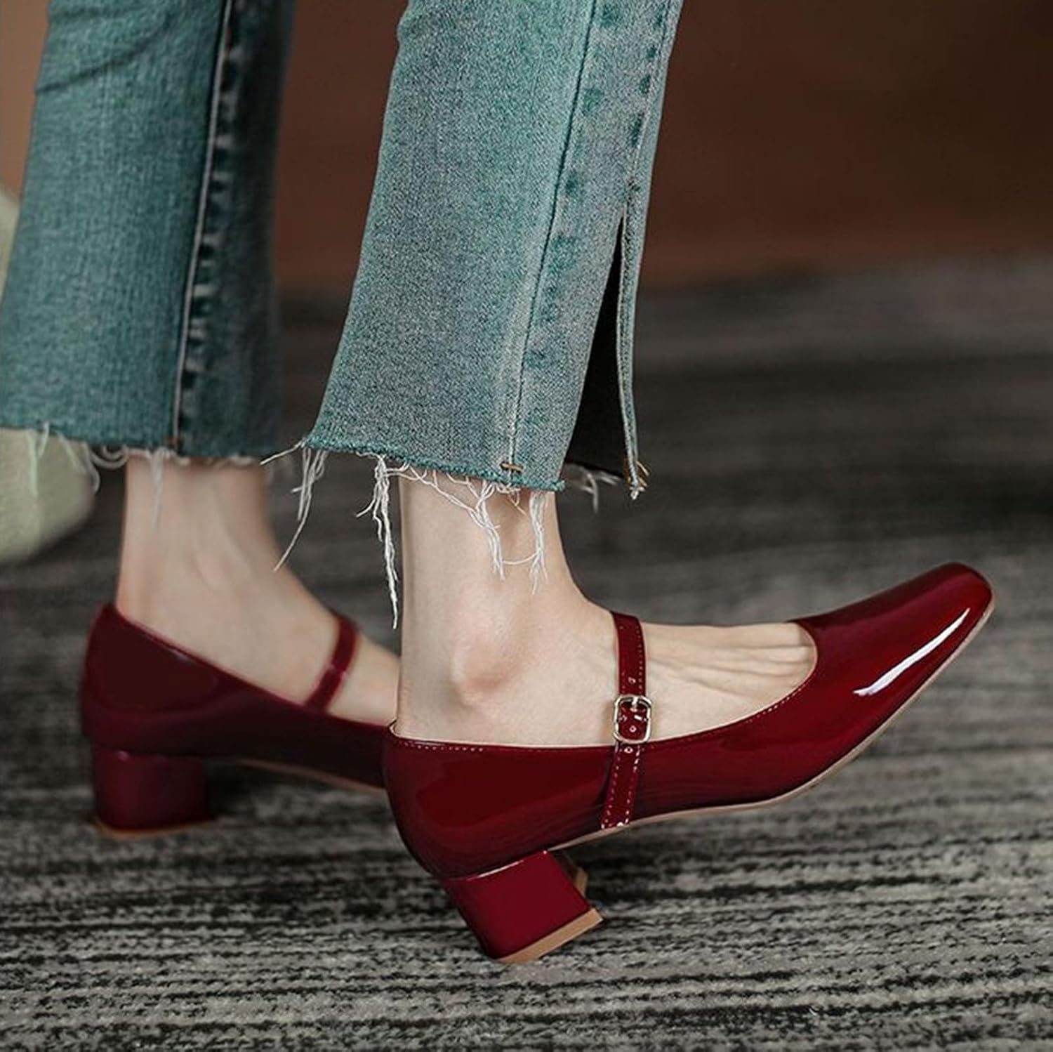 Myallfeet Women's Retro Square Toe Shallow Cut Mary Jane Shoes Fashion Patent Leather Handmade Buckle Low Heels Mary Jane High Heels - Image 6