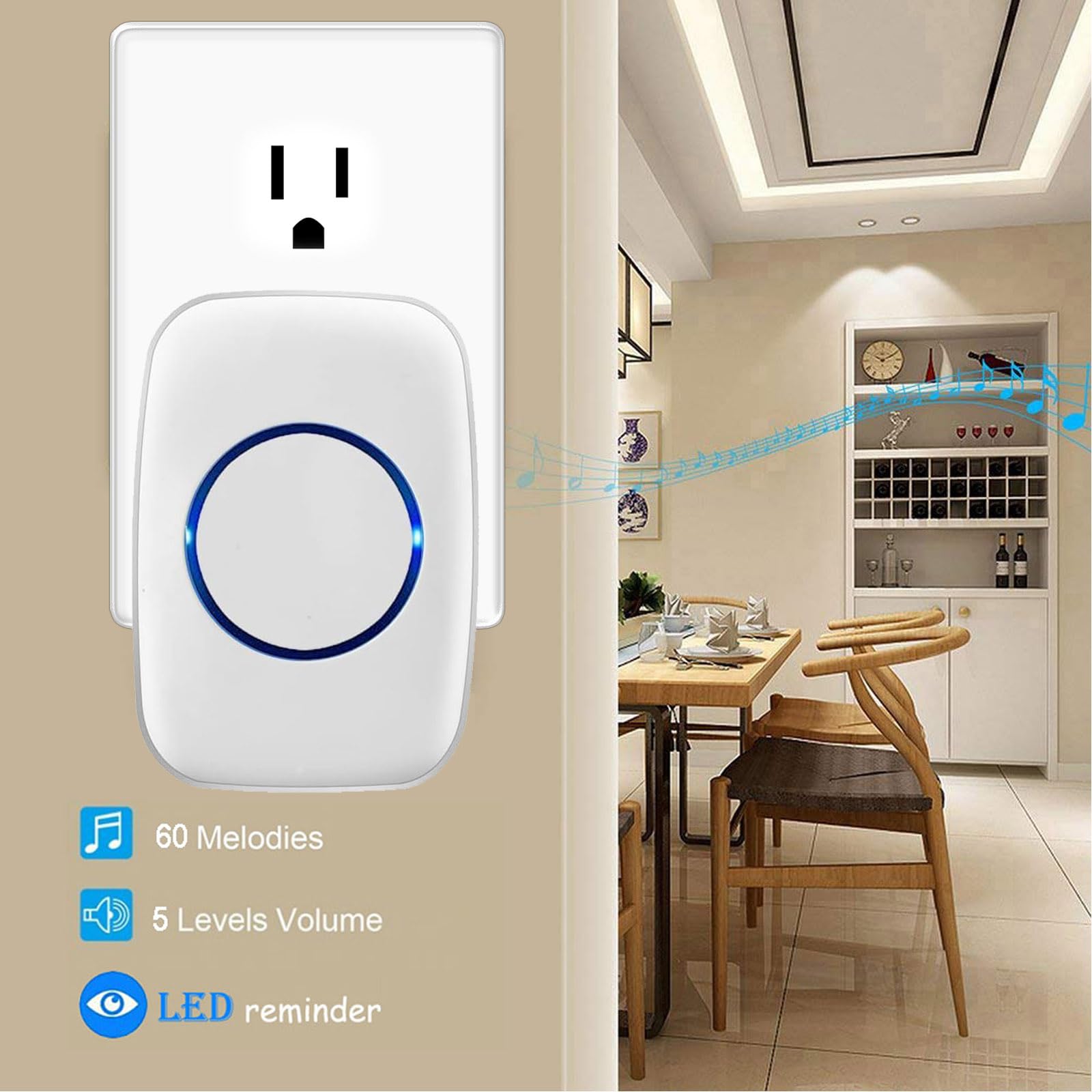 Timbre de puerta, sensor de alarma de puerta inalámbrico, alerta abierta de entrada de puerta con rango de 1000 pies, 60 campanillas y 5 niveles de volumen para negocios/tienda/hogar/oficina