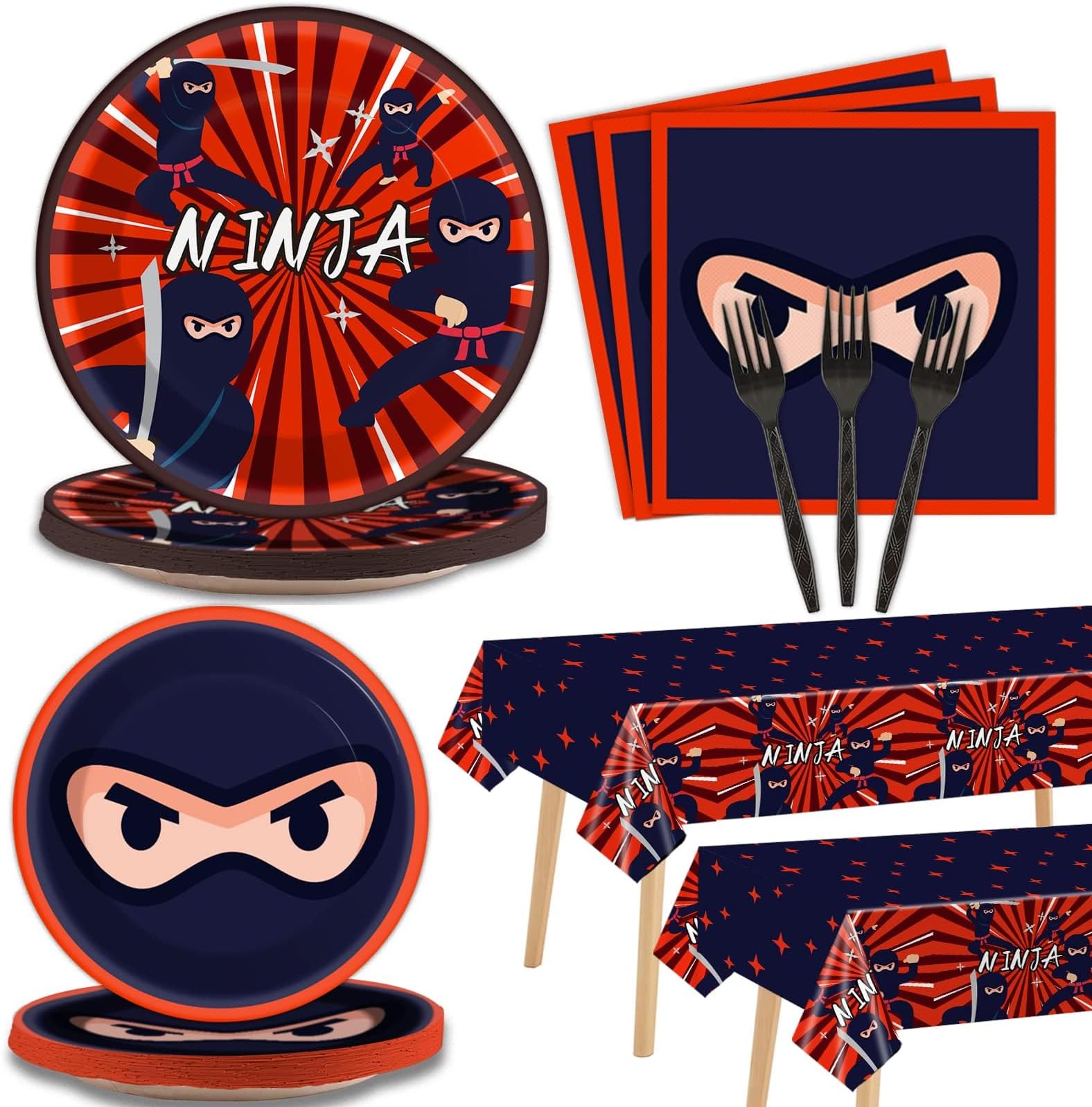 98 Pieces Ninja Birthday Party Decorations Ninja Warrior Tableware Set Karate Plates Napkins Tablecloth Ninja Master Birthday Party Supplies Kit Table Cover Dinnerware Party Favors