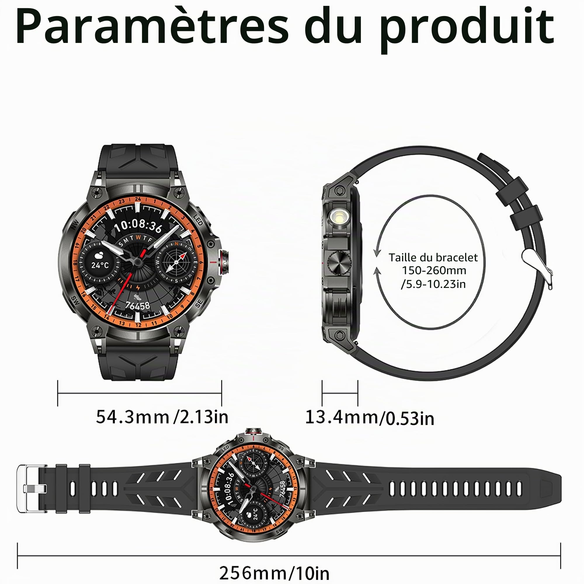 AMOLED Montre connectée pour homme avec fonction téléphone, lampe de poche, 5 ATM, 123 modes sportifs, moniteur de pression artérielle, podomètre, montre pour iOS