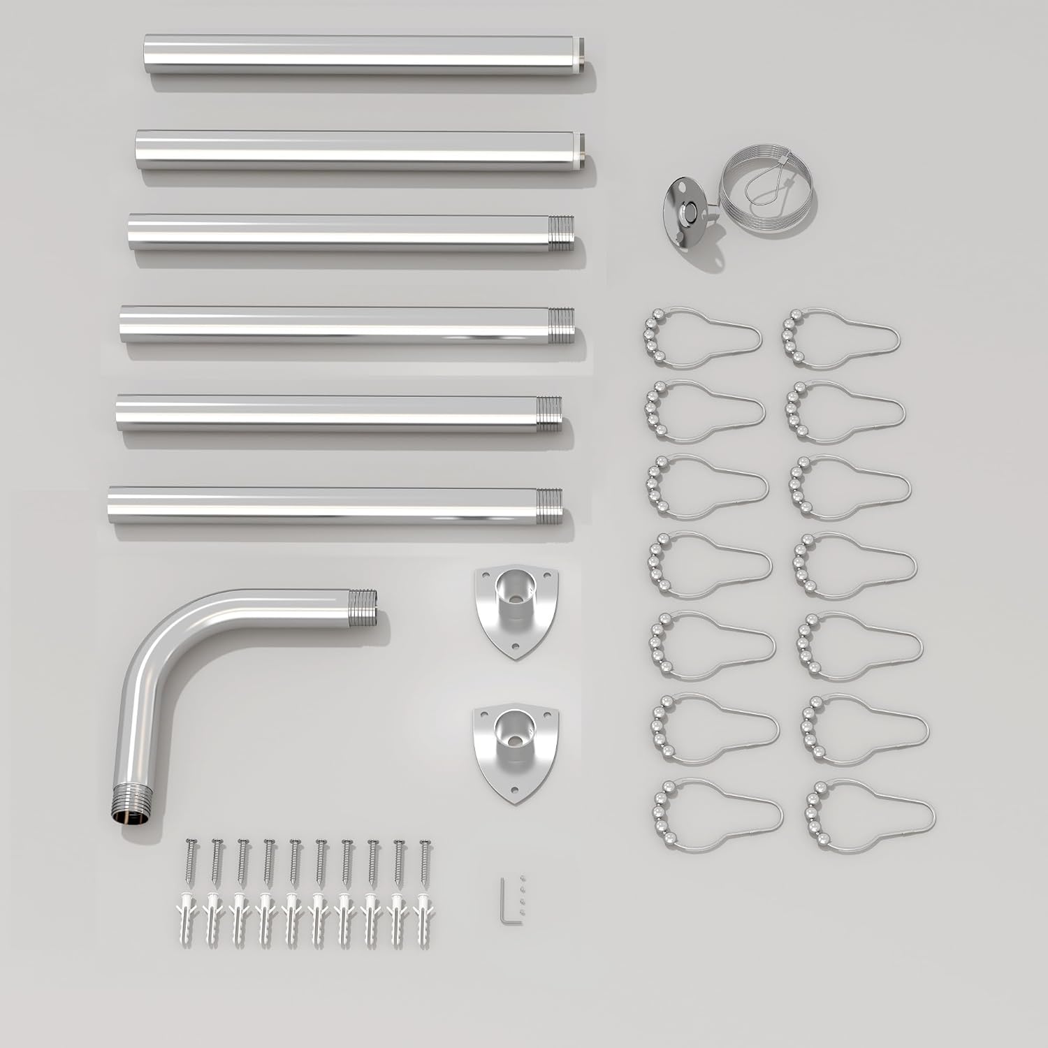 Corner Shower Curtain Rod, Curved Shower Curtain Rod, Adjustable L Shaped Shower Rod for Bathroom, Clothing Store, Stainless Steel with 12 Ring Hooks & Ceiling Support (Silver, 39"-68.5" x 55"-84.2")