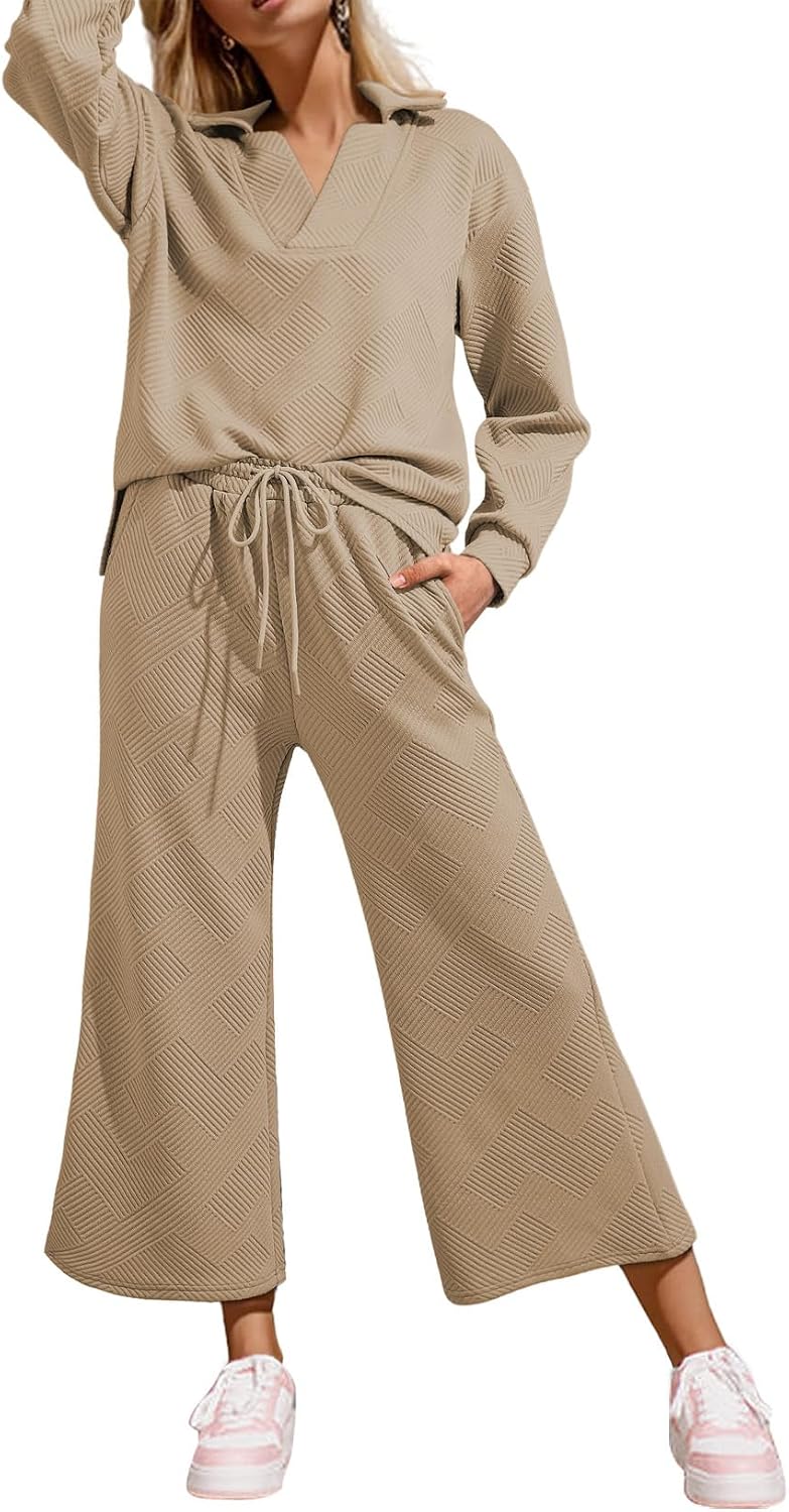 SHEWIN 2 Piece Sets for Women Collared V Neck Long Sleeve Polo Shirts Tops Lounge Set Tracksuits Sweatsuits