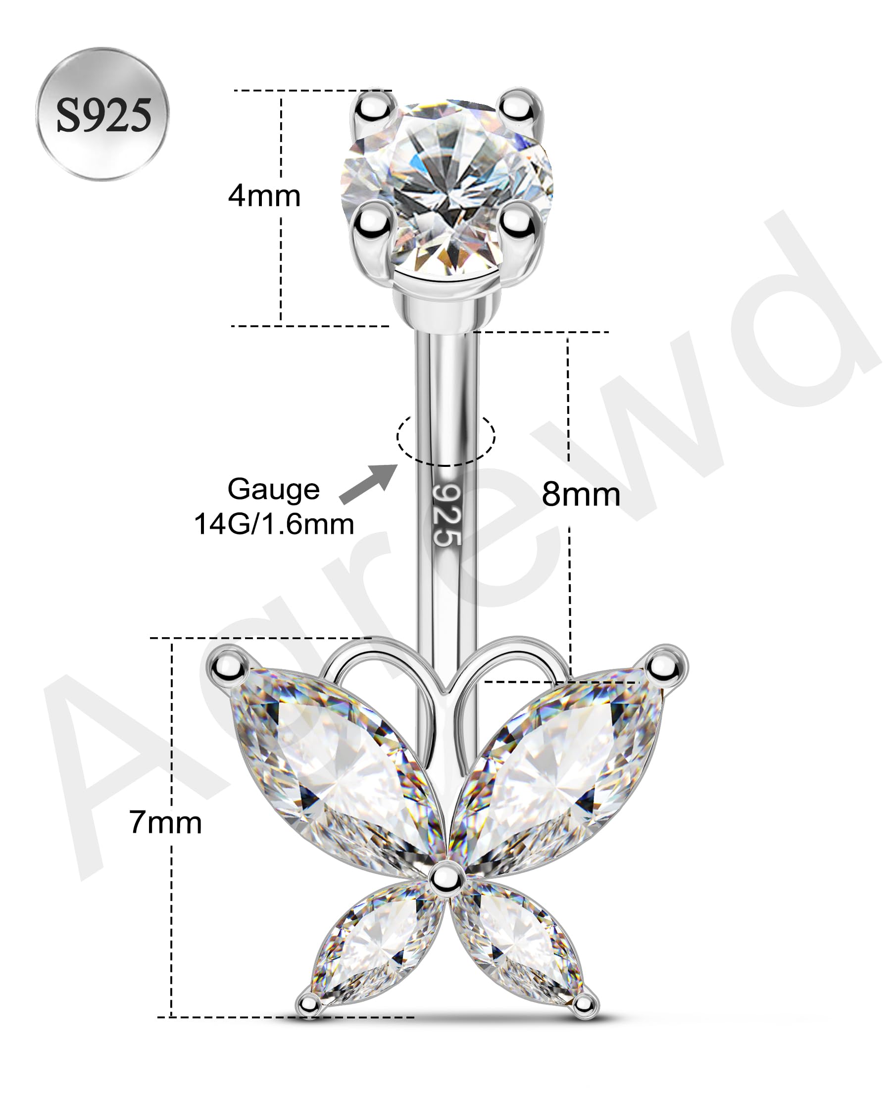Bauchnabelpiercing Silber 925 Schmetterling Piercing Bauchnabel 14G 10mm